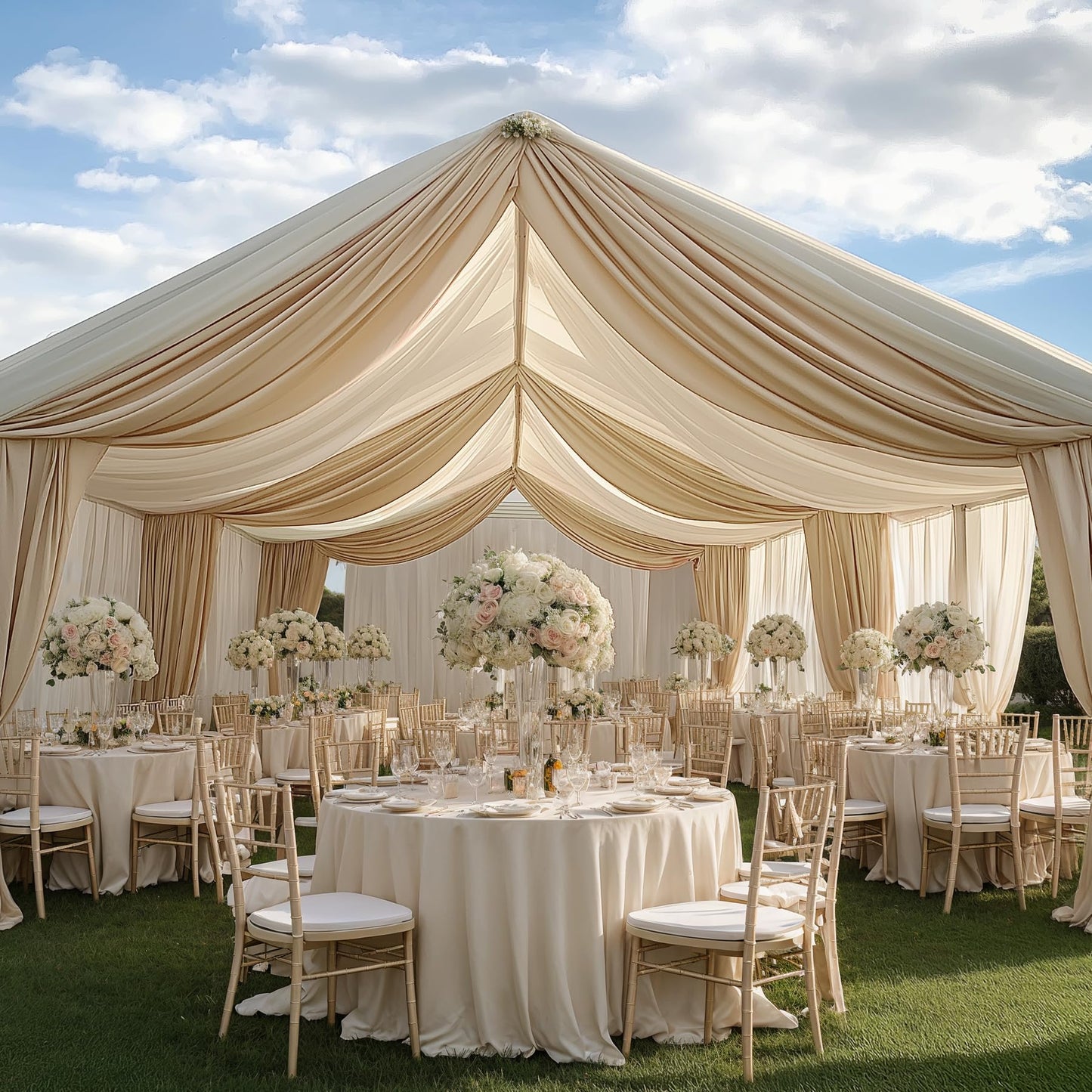 Htper 10 Panels 5x20ft Beige Ceiling Drapes for Wedding Parties, Wrinkle Free Thick Polyester 20ft Extra Long Wedding Draping Beige Ceiling Curtains Arch Drapery for Birthday Party Canopy Tent Decor