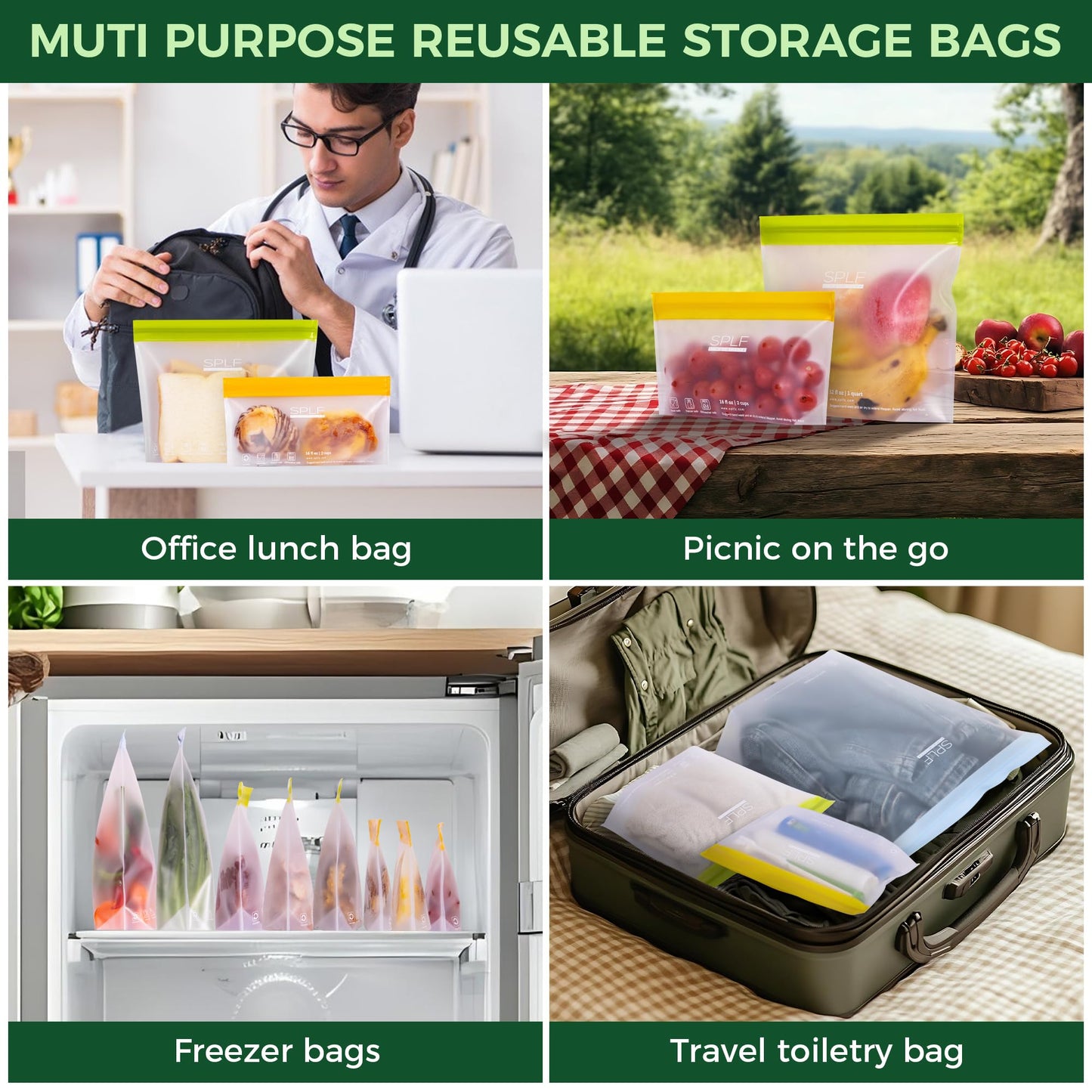 SPLF 10 Pack Stand-Up Reusable Food Storage Bags Dishwasher Safe, BPA Free Reusable Freezer Bags, Extra Thick Leakproof for Meal Prep, Sandwich, Bread, Veggies - 3 Gallon 4 Quart 3 Snack
