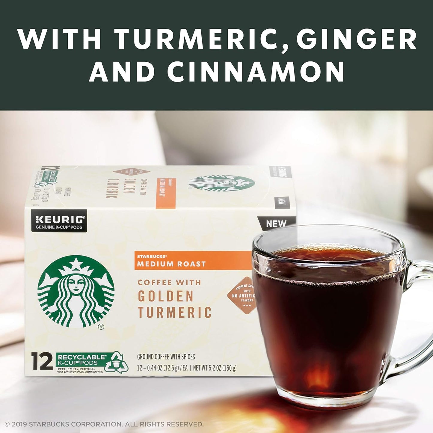 Starbucks Medium Roast K-Cup Coffee Pods - Golden Turmeric Flavor | 4 Boxes (48 Pods Total)