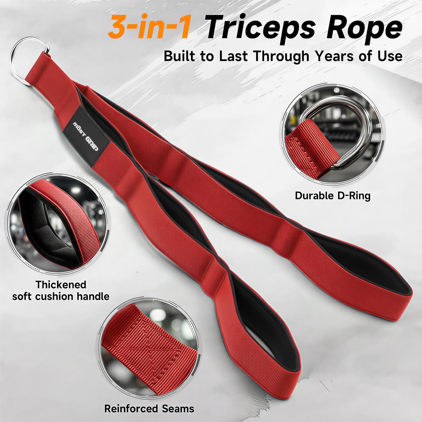 MOST GRIP Multi-Functional Cable Machine Attachment Set, Ergonomic LAT Pulldown Attachment for Whole Back Training, Cable Attachments for Gym Home Include Tricep Rope and 2 LAT Pull Down Bar (Red)
