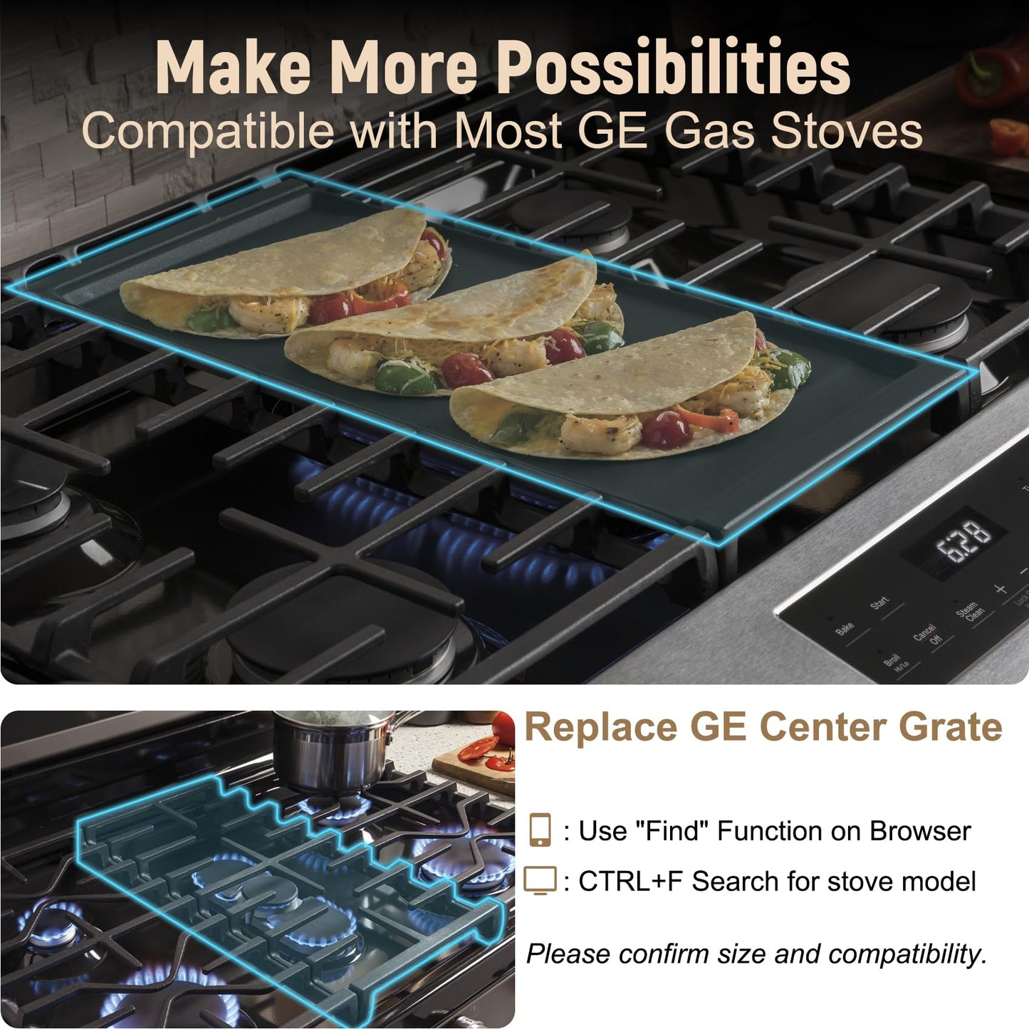 Upgraded WB31X24738 Griddle Replacement for GE Appliance Stove Cooktop, Nitriding Process Marble Style Non-stick Coating, 19.5"×9" Extra-Large Integrated Griddle Plate for GE Gas Stove Top Center