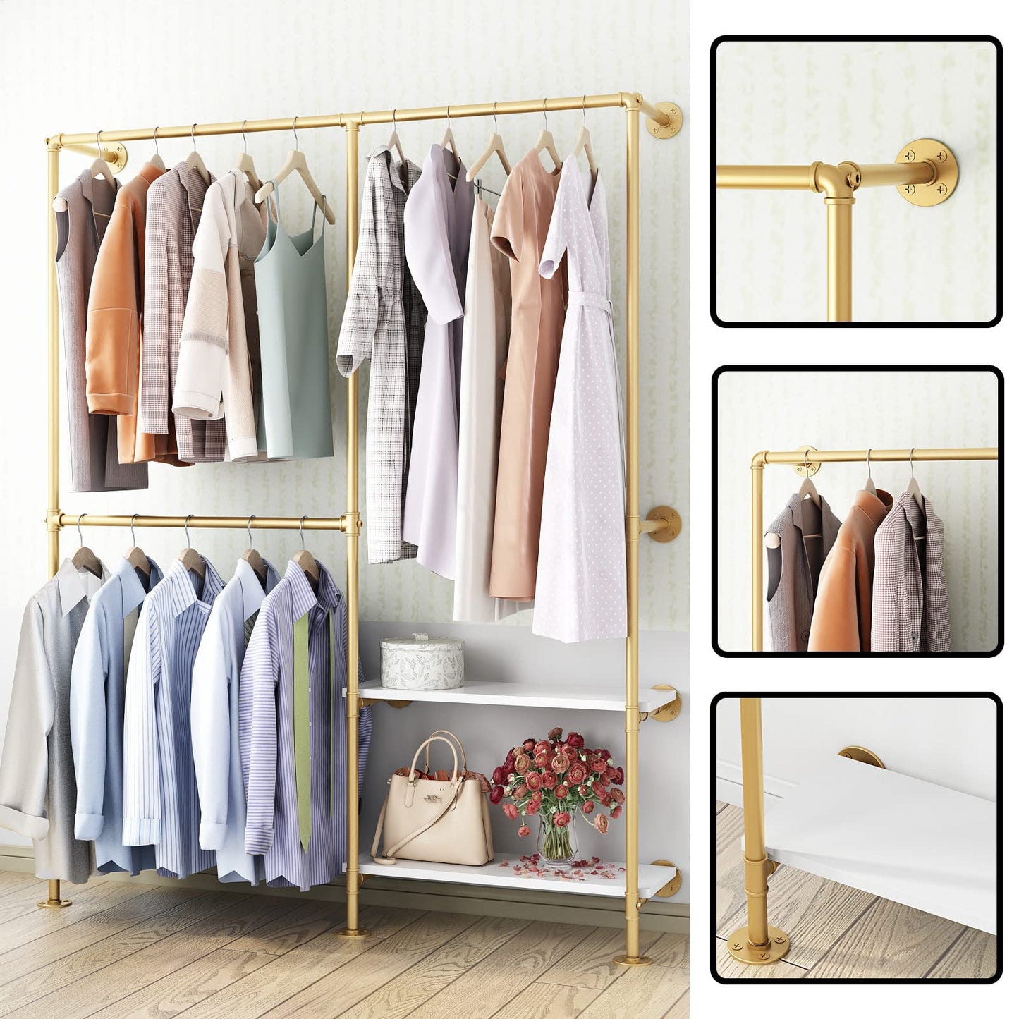 IronJiaZu Gold Pipe Clothes Racks with White Shelves, Industrial Pipe Gold Clothing Rack with Double Hanging Rods, Heavy Duty Wall Mounted Clothing Rack Rod for Closet Storage, Bedroom
