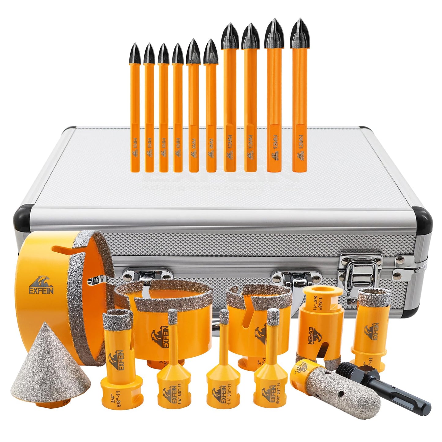 EXFEIN Diamond Tile Hole Saw Kit 12pcs and EXFEIN Masonry Diamond Drill Bits - 10pcs Concrete Diamond Hole Saw Set for Wood Plastic Brick Ceramic Tile Tip Carbide Drill Bit with Triangle Shank