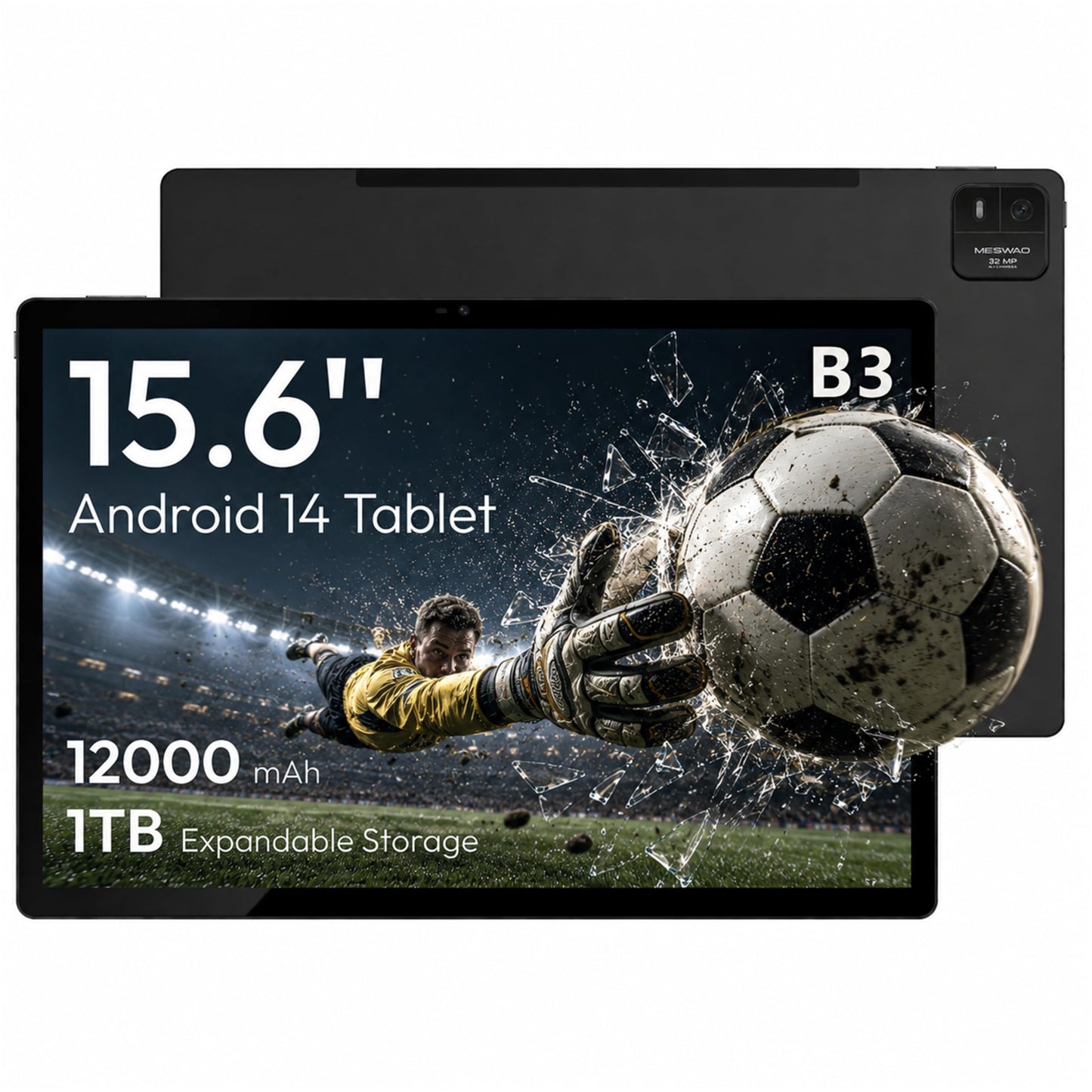 MESWAO 15.6 Inch Android 14 Tablet, 2026 Large Tablet with1080 IPS HD Display Big Screen, 8-Core, 6GB+128GB, Support 1TB TF Card, 12000mAh Long Lasting Battery for Movie/Work-Space Gray