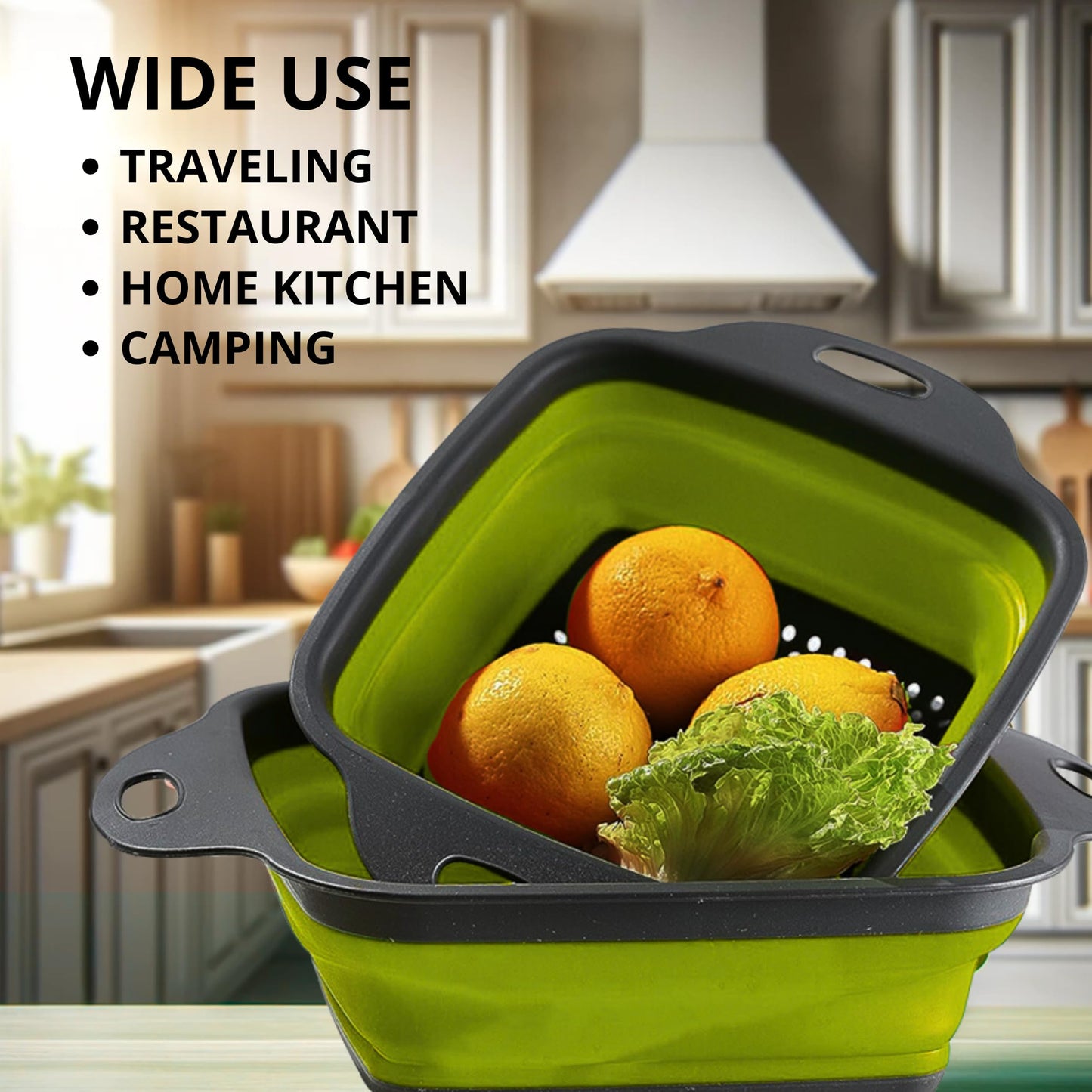Square Collapsible Colander with Handles – Green Square Silicone Kitchen Strainers with Plastic Handles Foldable Kitchen Strainer Perfect for Draining Pasta Vegetable and Fruit Green
