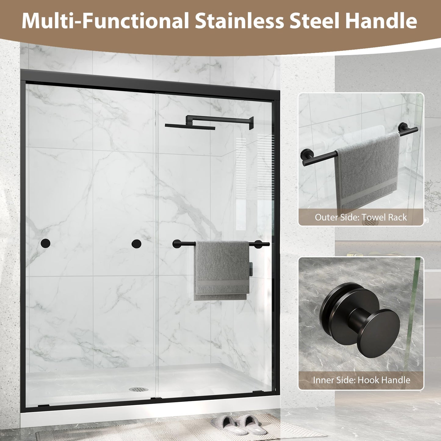 Double Sliding Shower Door 43-48" W x 72" H,Semi-Frameless Glass Shower Door with Nano Explosion-Proof Safety Film, 1/4"(6mm) Tempered Glass,Easy-Clean Bypass Walk-in Shower Door,Matte Black