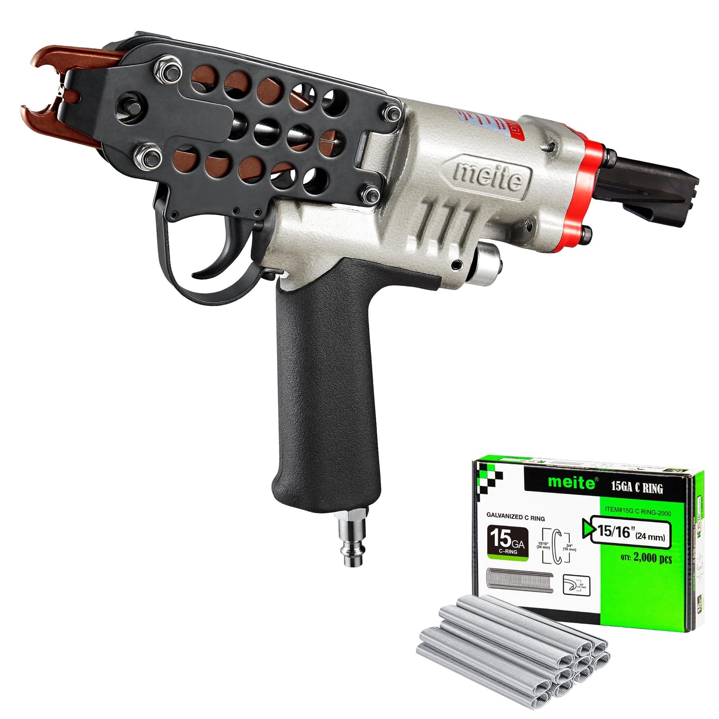 meite SC7C-I2 Pneumatic Hog Ring Gun with 2000 PCS 15GA Hog Rings, 15 Gauge 3/4" Crown Hog Ring Pliers, 5.5-6.0 mm Closure, Upgrade Trigger Air C Ringer Pliers for Mattress, Seat Assembly