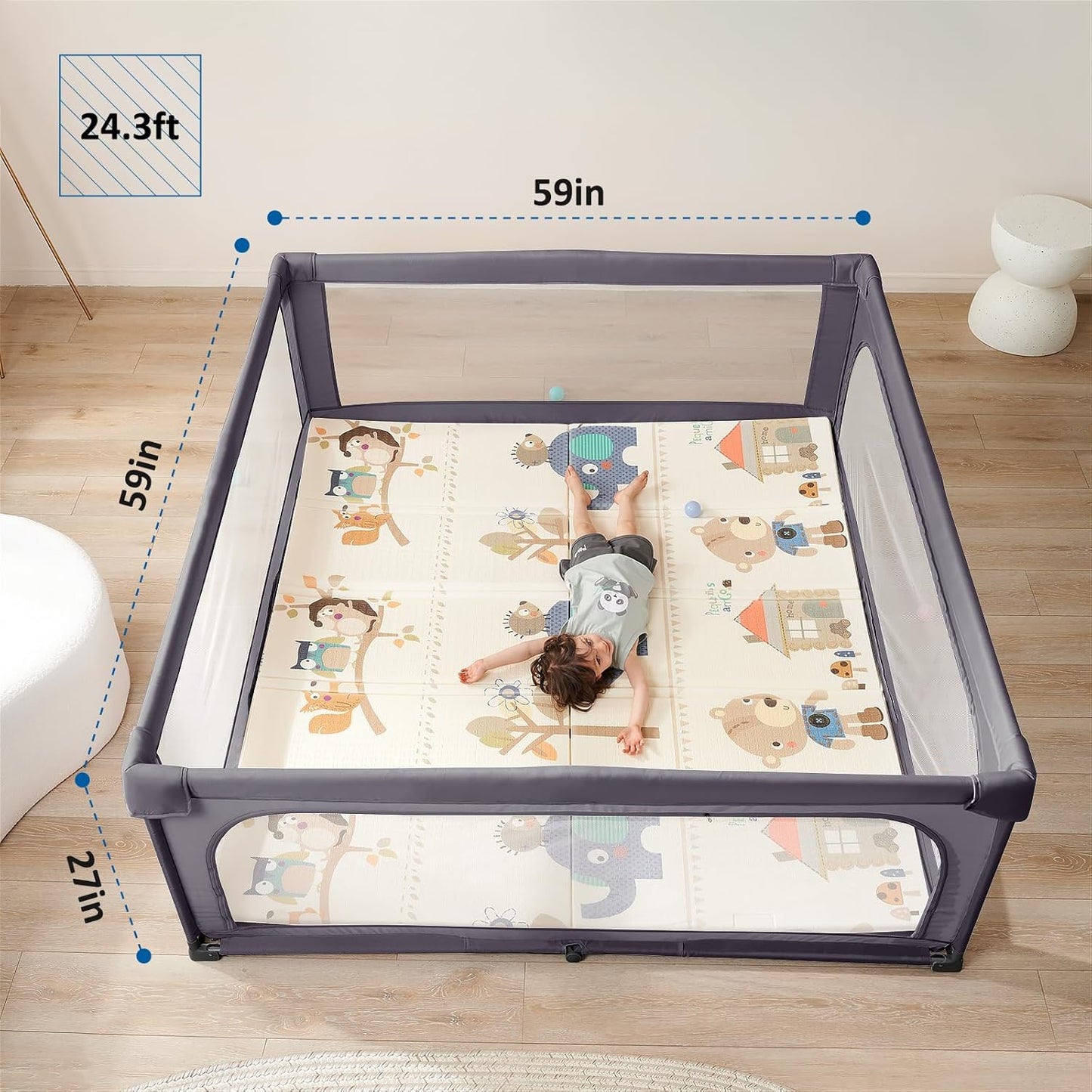 Sweeby Baby Playpen - 59x59 Inch Indoor/Outdoor Play Yard with Door for Babies & Toddlers | Dark Grey