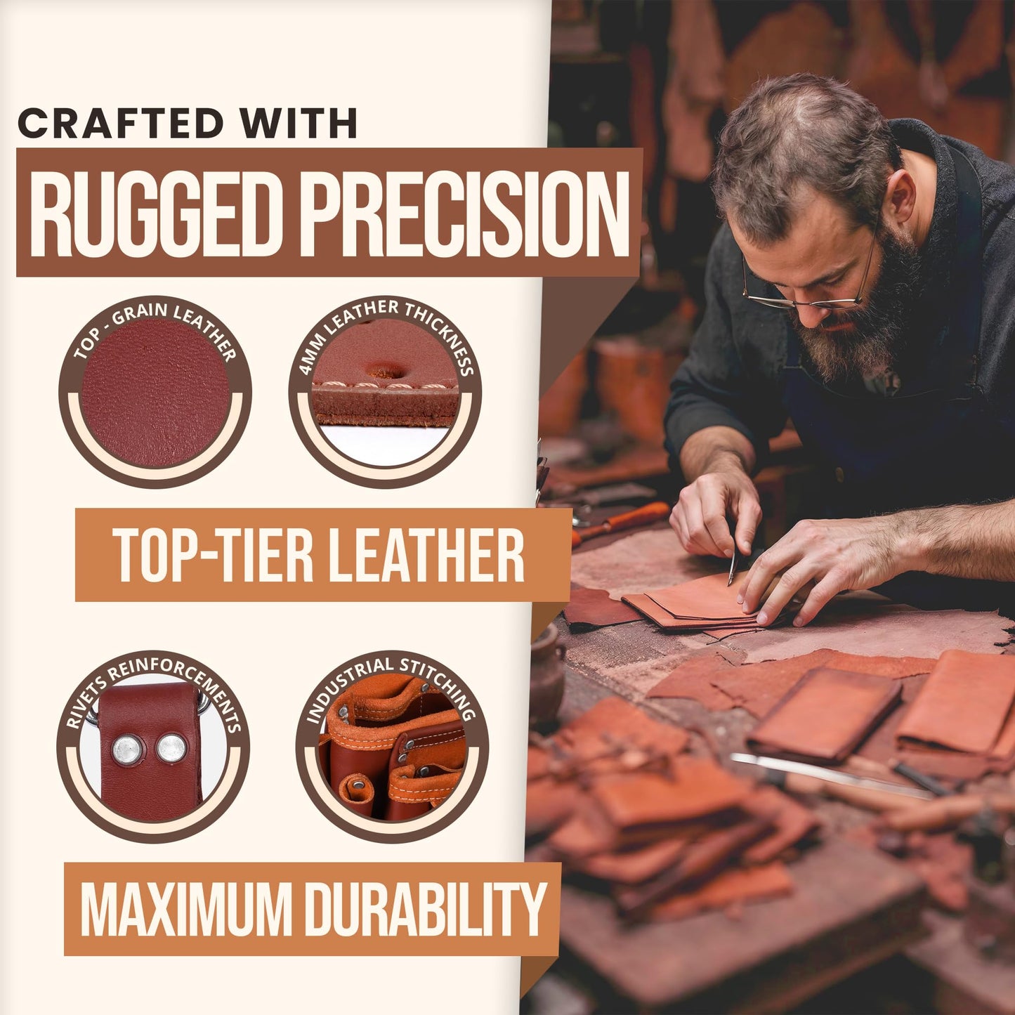 Daisy Leather PRO DL-101 Oil tanned Premium 25 pockets Heavy duty Tool Belt, Carpenter belt Pouch for Construction, Carpenter, Craftsman and Electricians workers, Black, X-Large (Cherry Leather)