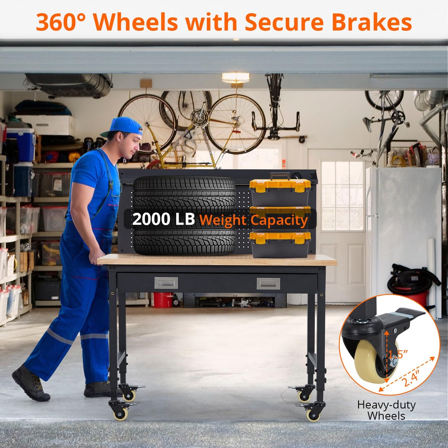 ACONEE 48" Workbench Heavy Duty, Adjustable Height Workstation with Drawer Storage, Backplate, 2000 LB Load Capacity, Multipurpose Rubber Wood Shop Table with Power Outlets, Hooks, Garage Storage