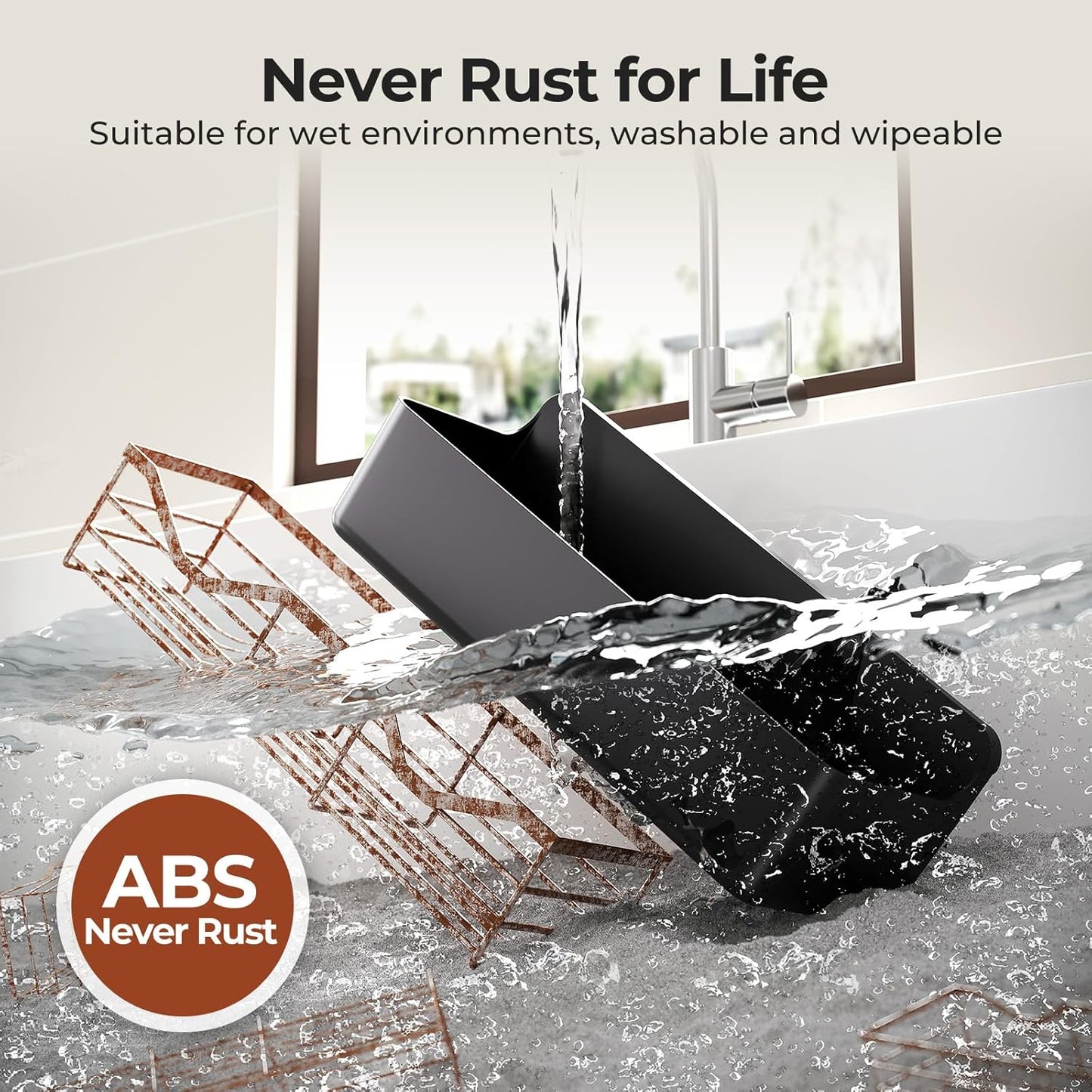 Orimade Shower Caddy - No-Drill Adhesive Shelves with 4 Hooks | Rustproof ABS Plastic, Black - 3-Pack