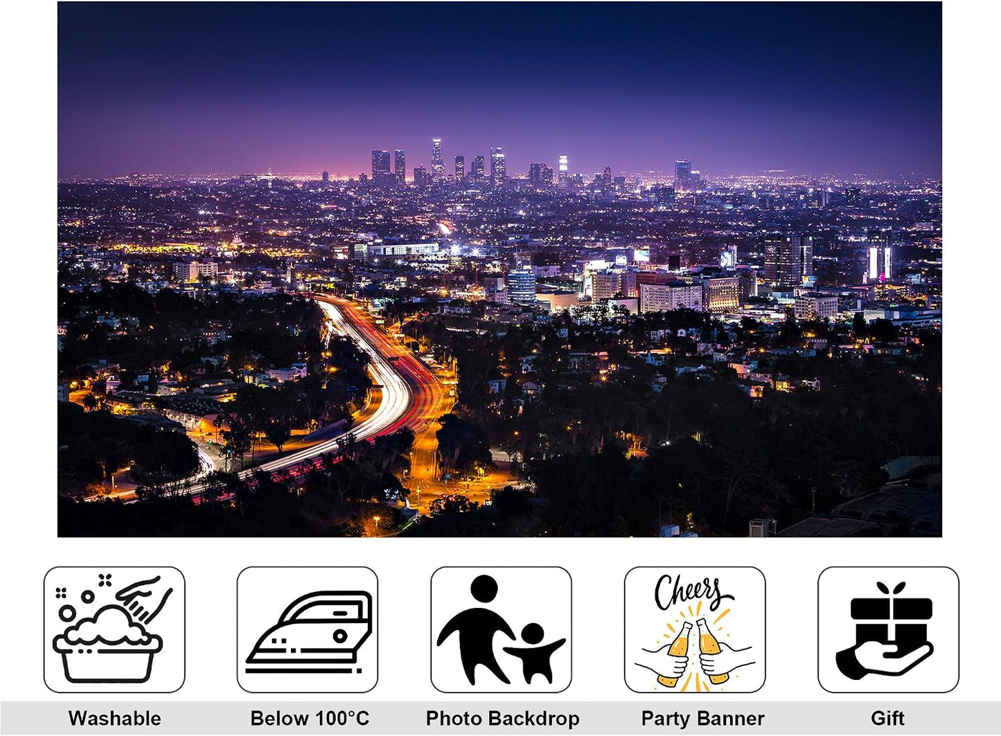 KeyWork 10x7ft Los Angeles Skyline Backdrop Purple Night Sky Light Trails City Lights Photography Background for Urban