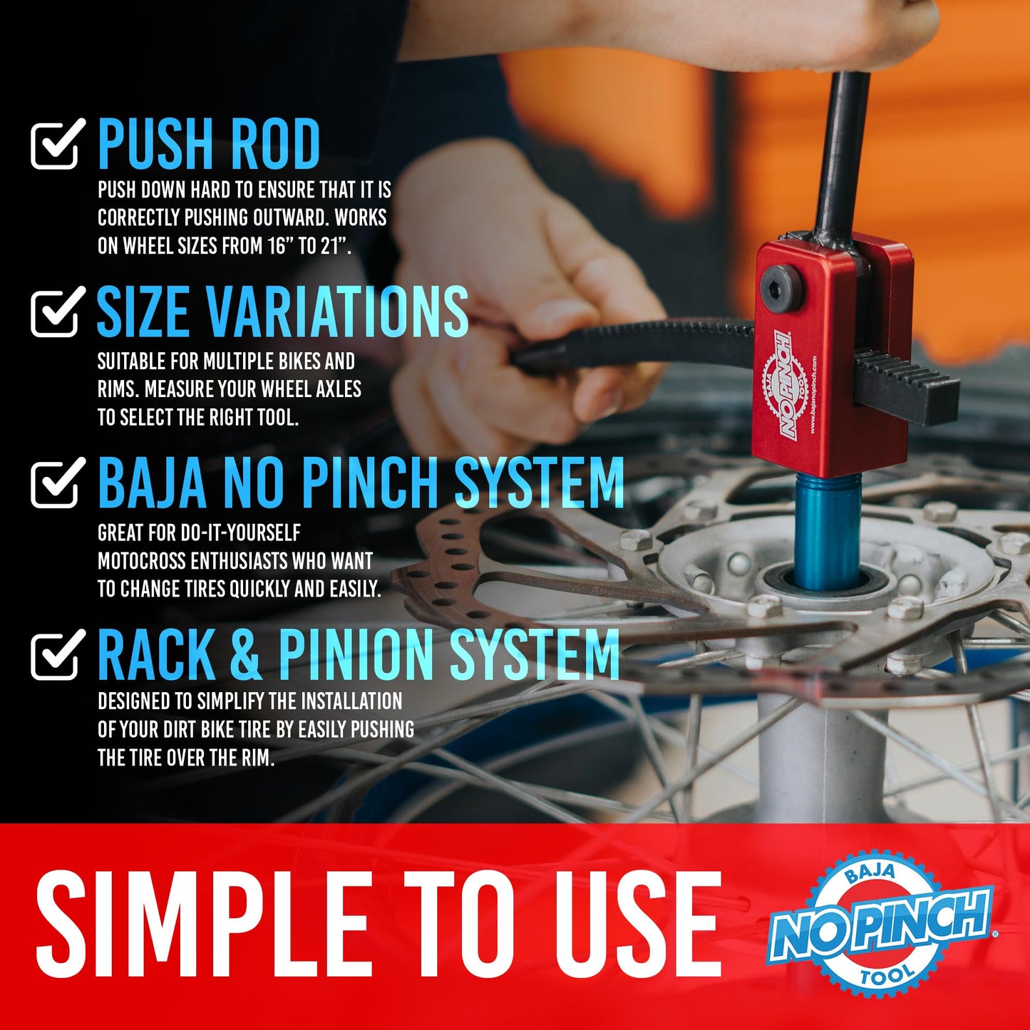 Baja No Pinch Tool Original Tire Changing Kit – Dirt Bike Tire Changing Tools for Enduro and Motocross – Compact Tool for 16" to 21" Wheels – Prevents Tube Pinching – Fits 20mm Axles