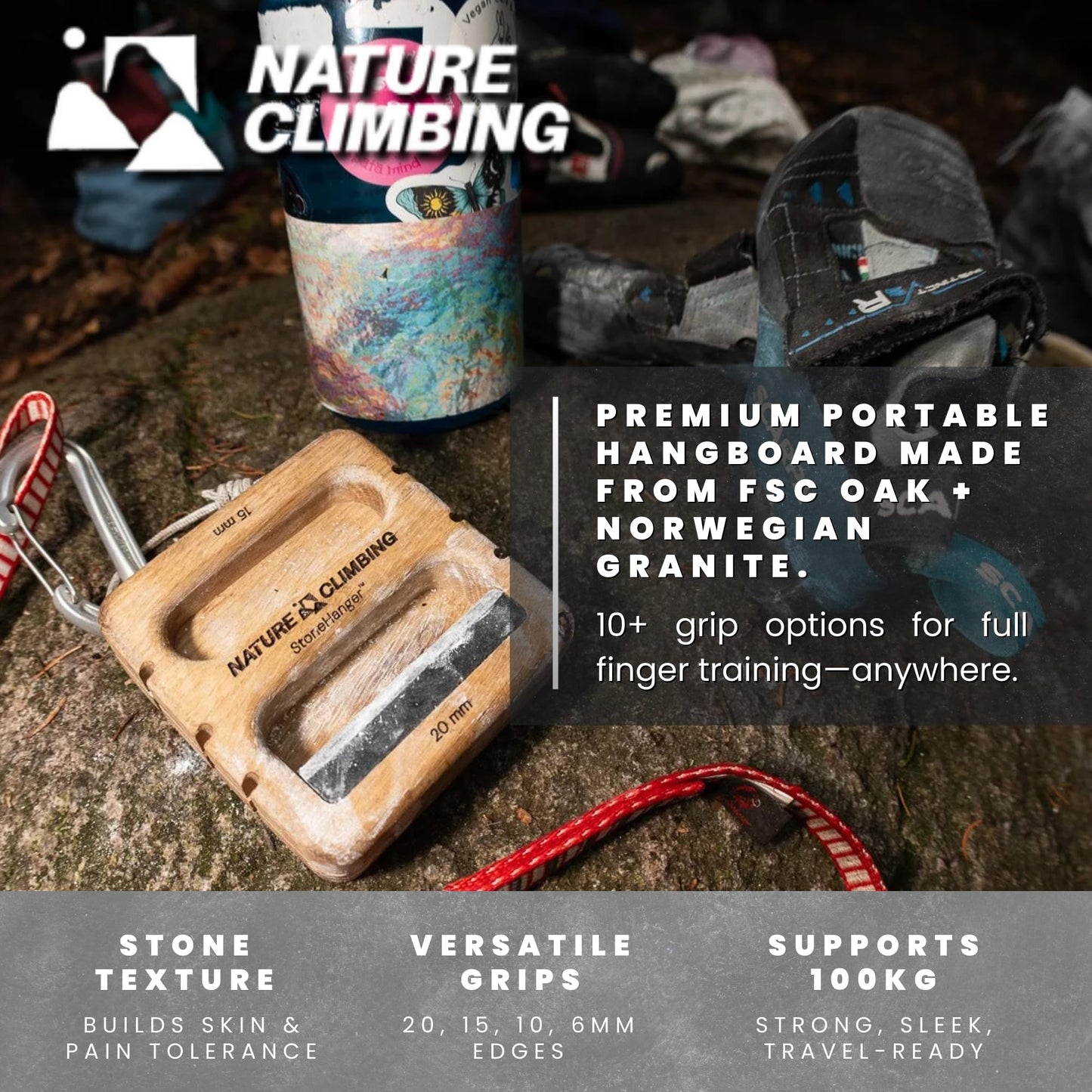 Nature Climbing Stone Hanger Portable Hangboard – Real Rock Texture, 6/10/15/20mm Edges | Finger Strength Training, Crimp & Pinch Board for Rock Climbing & Bouldering