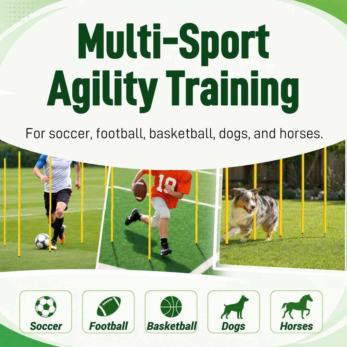 6 Pcs Soccer Agility Poles for Training, 5 FT Adjustable Speed and Agility Training Equipment for Football/Basketball/Horse/Dog Practice, Soccer Sticks with Steel Ground Nails Outdoors (Yellow)