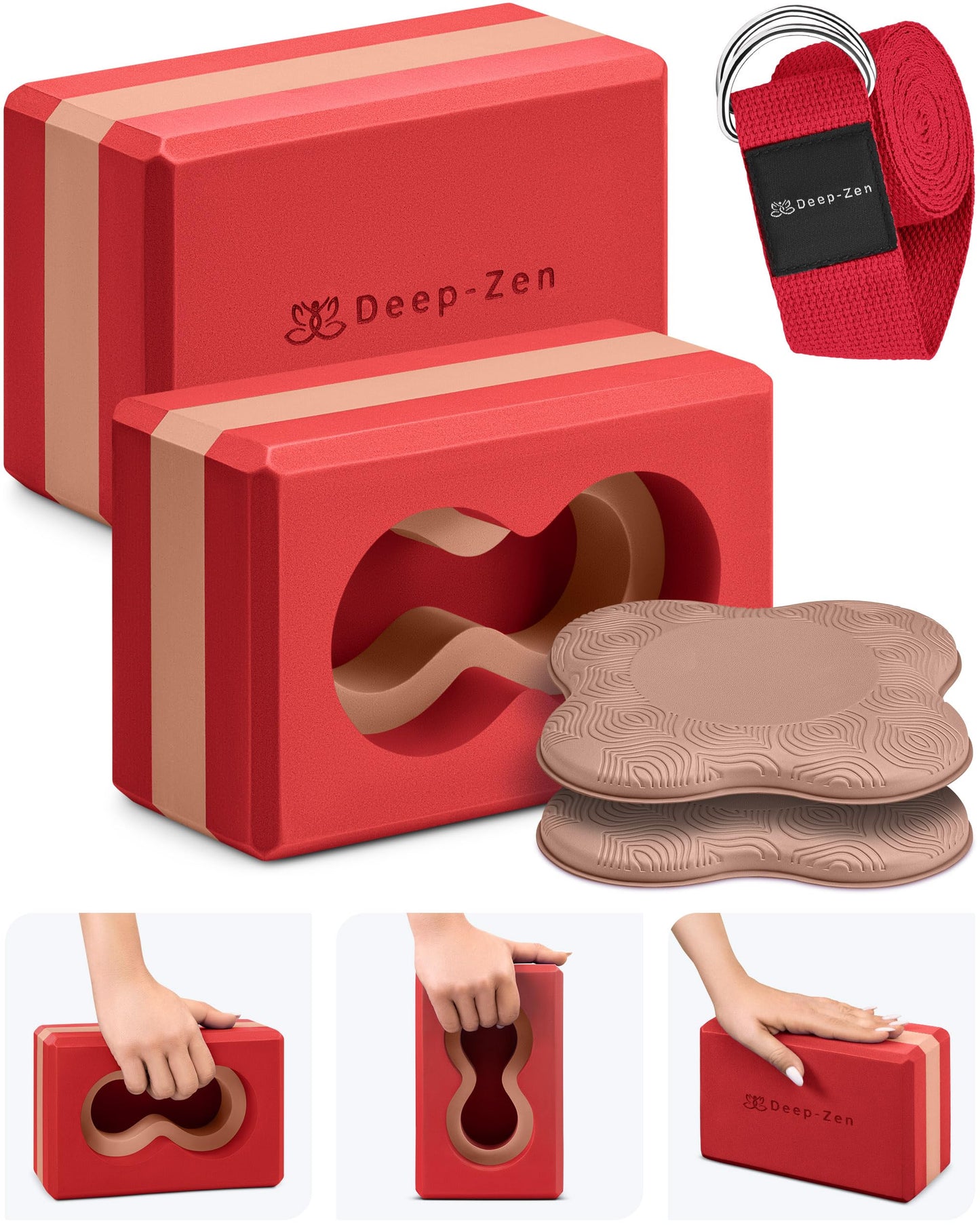 Deep-Zen® Yoga Blocks Wrist Support; Yoga Blocks 2 Pack with Knee Pads and Strap to Put Less Weight on Wrists; Durable, Versatile Yoga Brick Exercise Block Set, Blocks Yoga (Red)