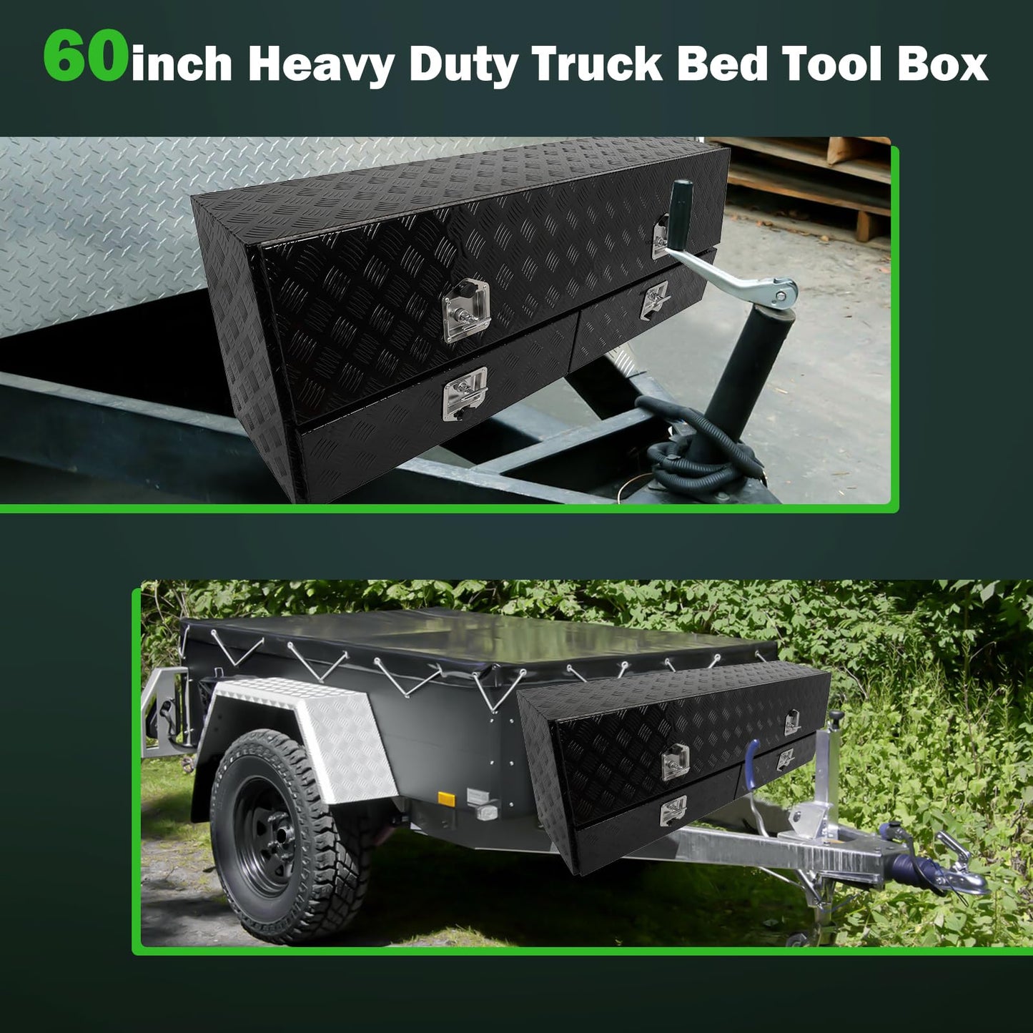 SCITOO 60" Aluminum Diamond Plate Truck Bed Tool Box,Heavy Duty Crossover Storage for Most Full Size Pickups,Lockable Weatherproof Chest,Fits 60 Inch Truck Beds,Easy Access to Load and Unload