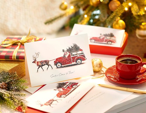 American Greetings Deluxe Christmas Cards - Festive Deer Pulling Wagon Design | 14-Count Boxed Set