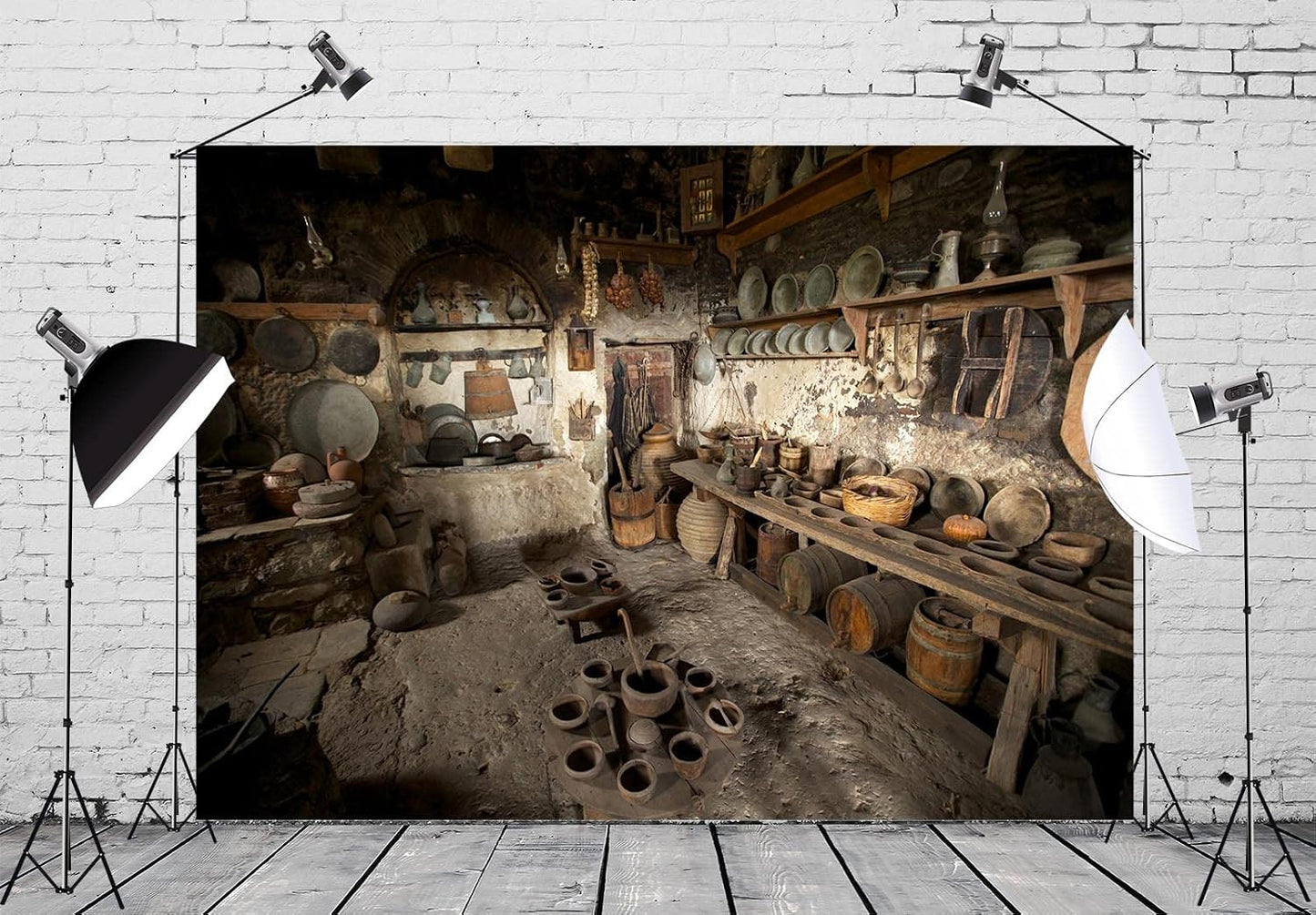 BELECO 9x6ft Countryside Fabric Rustic Old Rural Farmhouse Kitchen Backdrop Interior Pottery Kitchen Appliance Cooking