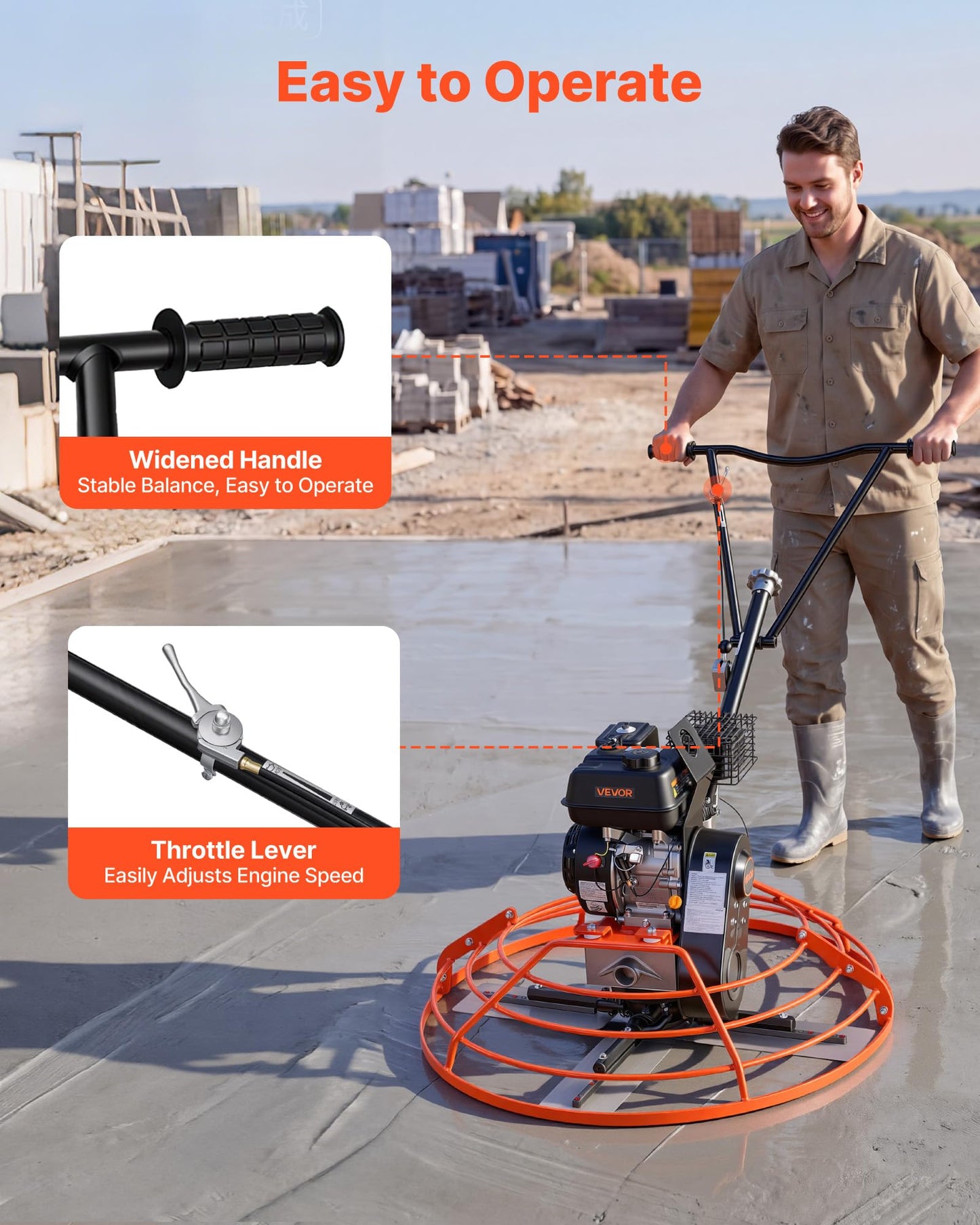 VEVOR Power Trowel, 34.8 inch Trowel Diameter Concrete Finishing Machine, 5.5HP Engine, 4 Blades, Adjustable Pitch, Gas-Powered Walk-Behind Cement Surface Finisher for Smooth Floors, Construction