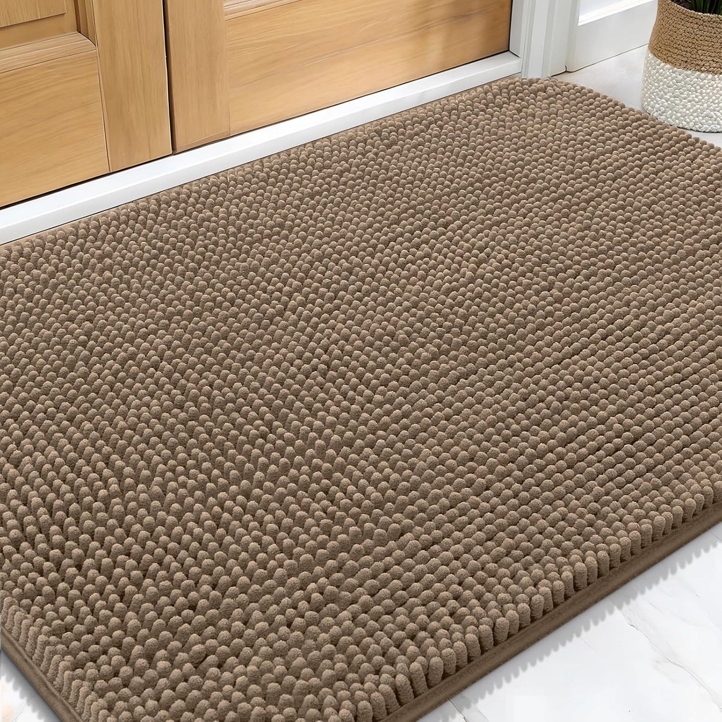 OLANLY Dog Door Mat - Absorbent Non-Slip Chenille Mat for Muddy Paws | 34x21, Quick Dry, Tan