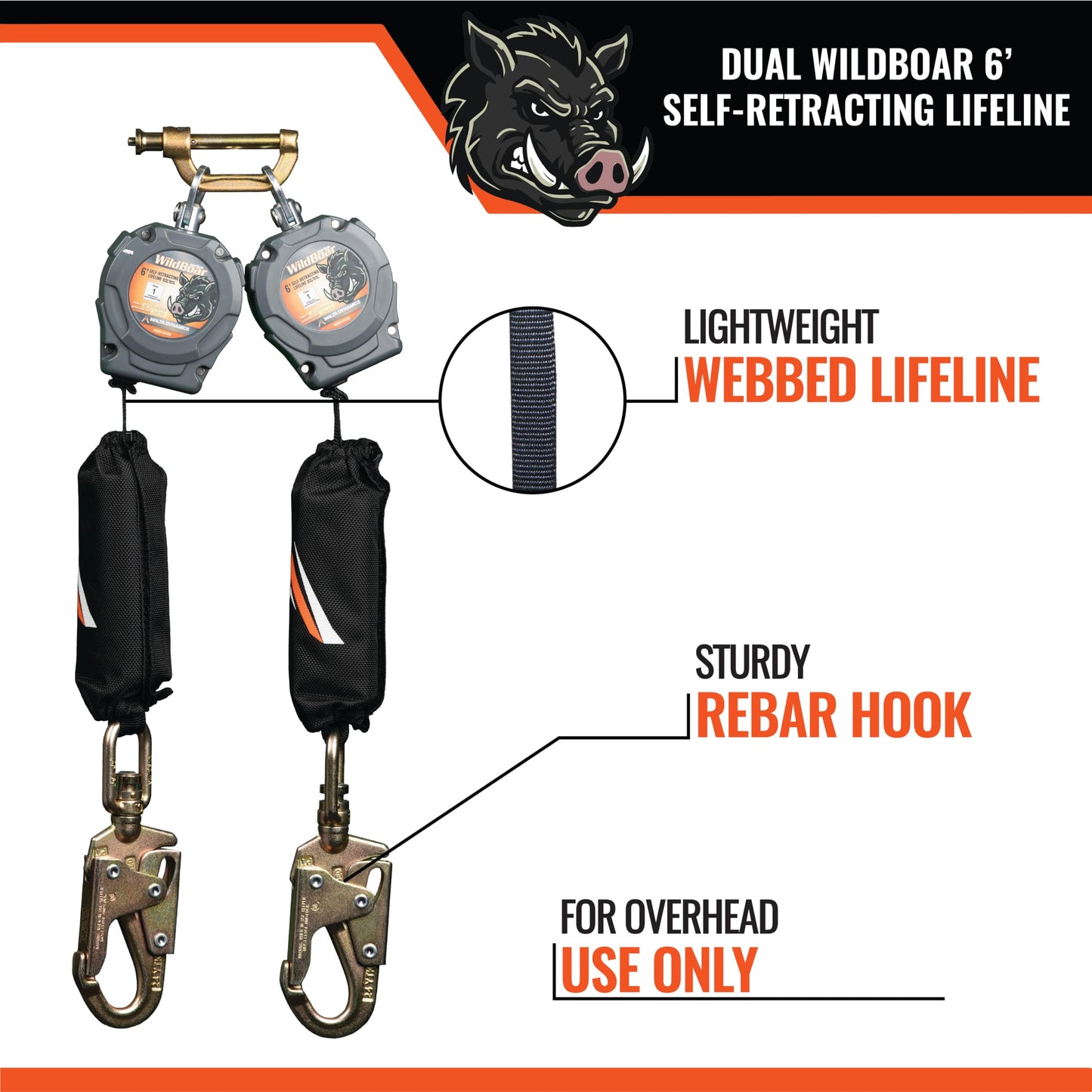 Malta Dynamics Wild Boar 6’ Dual Self Retracting Lifeline – SRL Fall Protection Lanyard with Steel Snap Hook for Construction Site Safety, OSHA and ANSI Compliant