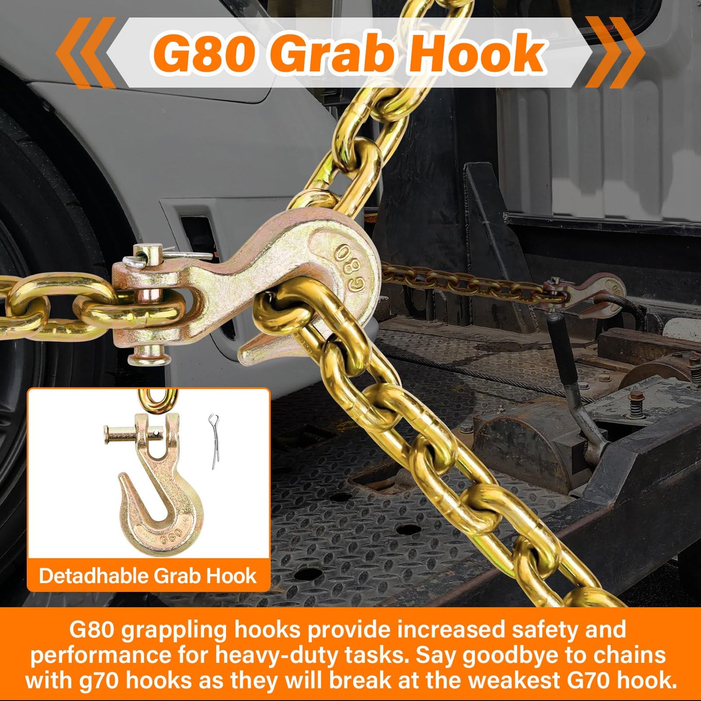 Lechansen 5/16"-3/8" Chain Binders Kit 4 Set, G80 Ratchet Load Binder 5/16 to 3/8 with G80 Transport Chain 5/16 Inch × 20 Feet, G80 Clevis Grab Hook, 5,400lbs Working Load Tie Down Kit for Towing