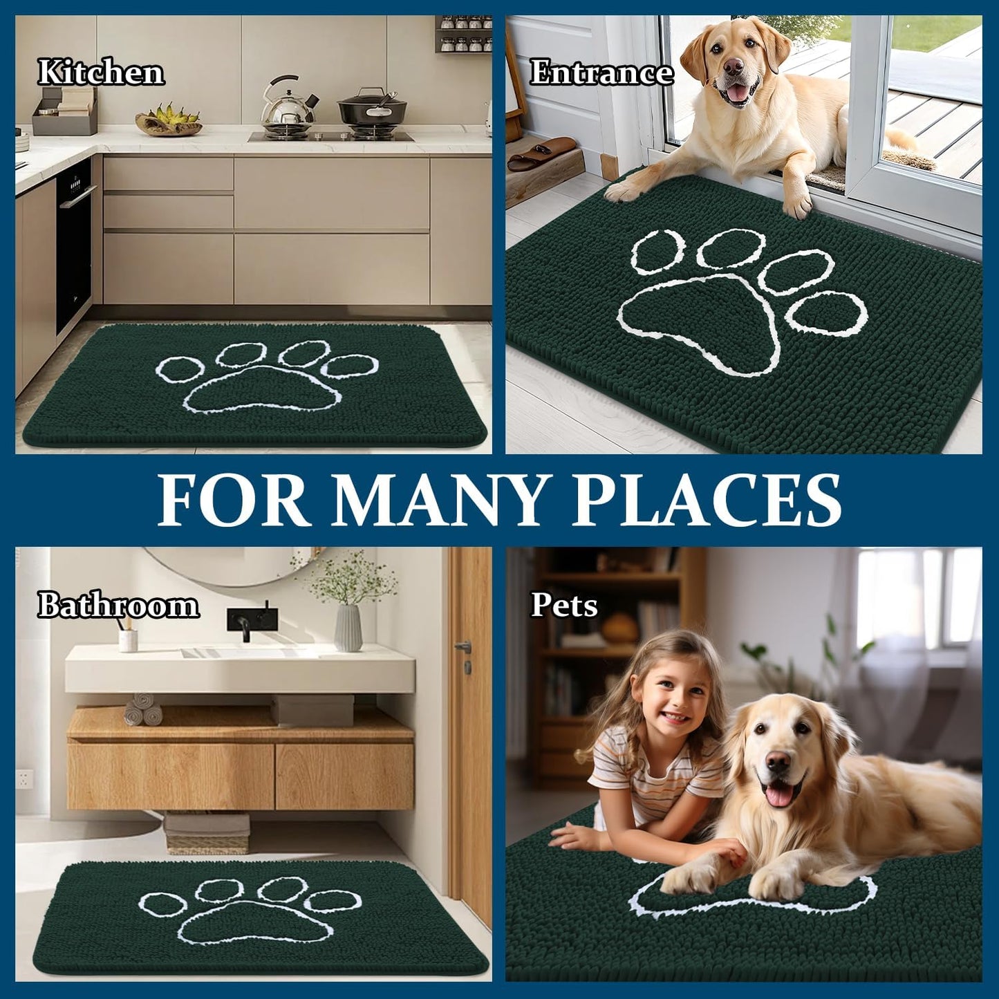 OLANLY Dog Door Mat - Absorbent Non-Slip Chenille for Muddy Paws | 70x24 Inches, Blackish Green