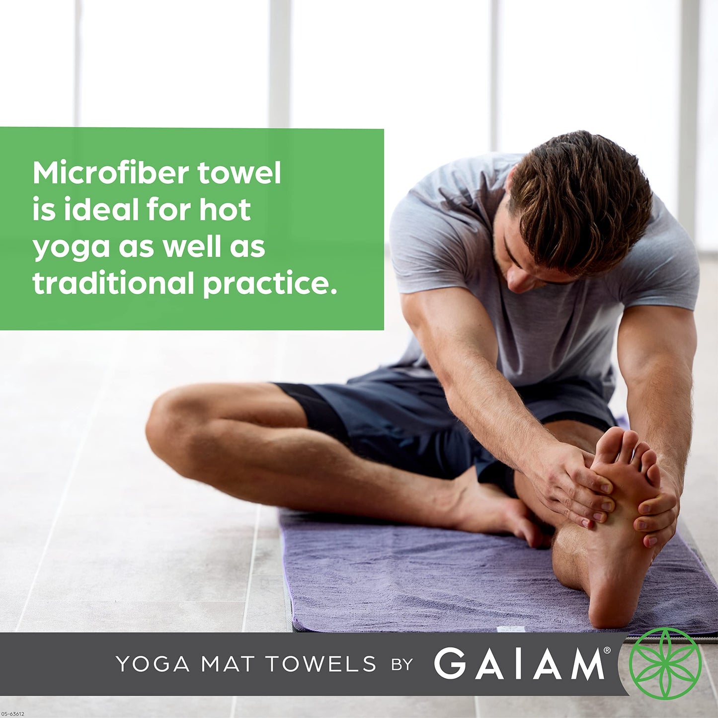 Gaiam Yoga Mat Towel — Non-Slip Microfiber Hot Yoga Towel, 24" x 68" Mat-Sized, Quick Dry & Super Absorbent for Bikram, Pilates & Gym, Heron Lilac