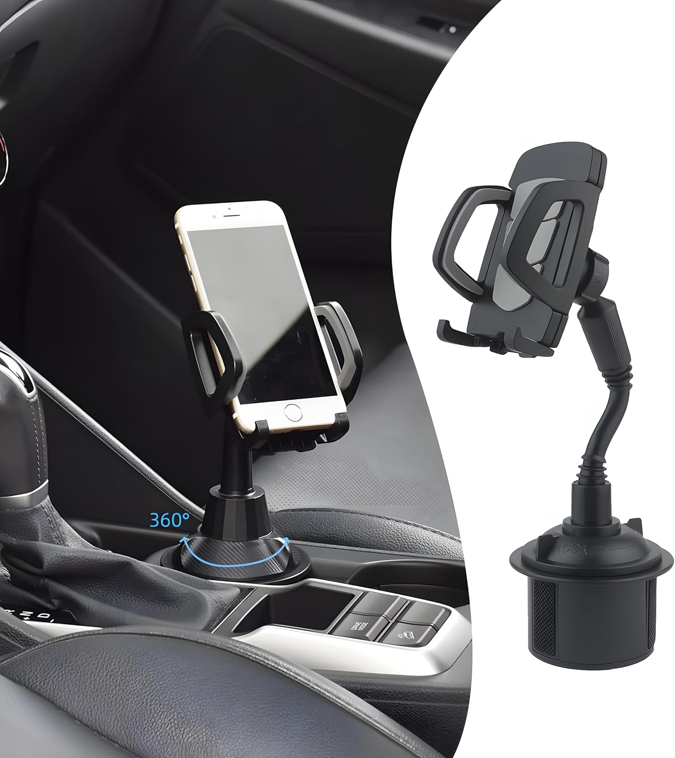 Bokexing 360 Car Cup Holder Phone Mount, Automotive Rotatable Adjustable Gooseneck Height Cell Phone Cradle Mount
