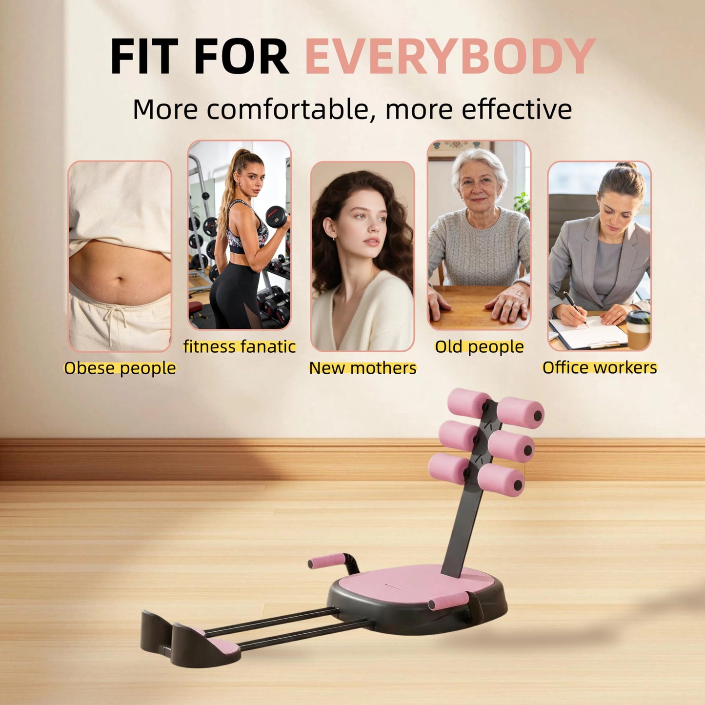 7 in 1 Ab Machine, Sit Up Exercise Equipment with Removable Auxiliary Handle, Home Workout Equipment for Abs, Legs, Arms, Ab Trainer Women Men (Pink)