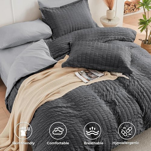 HYMOKEGE King Size Comforter Set - 7-Piece All-Season Luxury Bedding in Dark Grey/Light Grey
