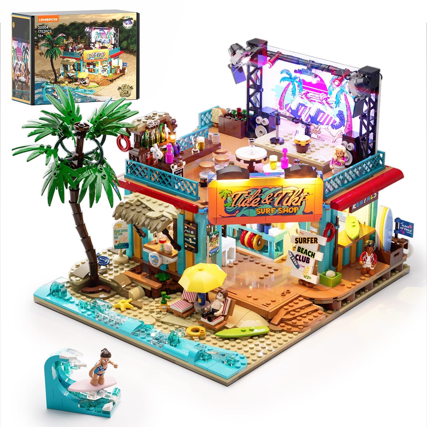 Lumibricks Surf Shop Lighting Building Bricks Set - Coast Club Modular Collection Display Kit with LED and Minifigures 1752 Pcs for Adults & Teens & Marine Enthusiasts