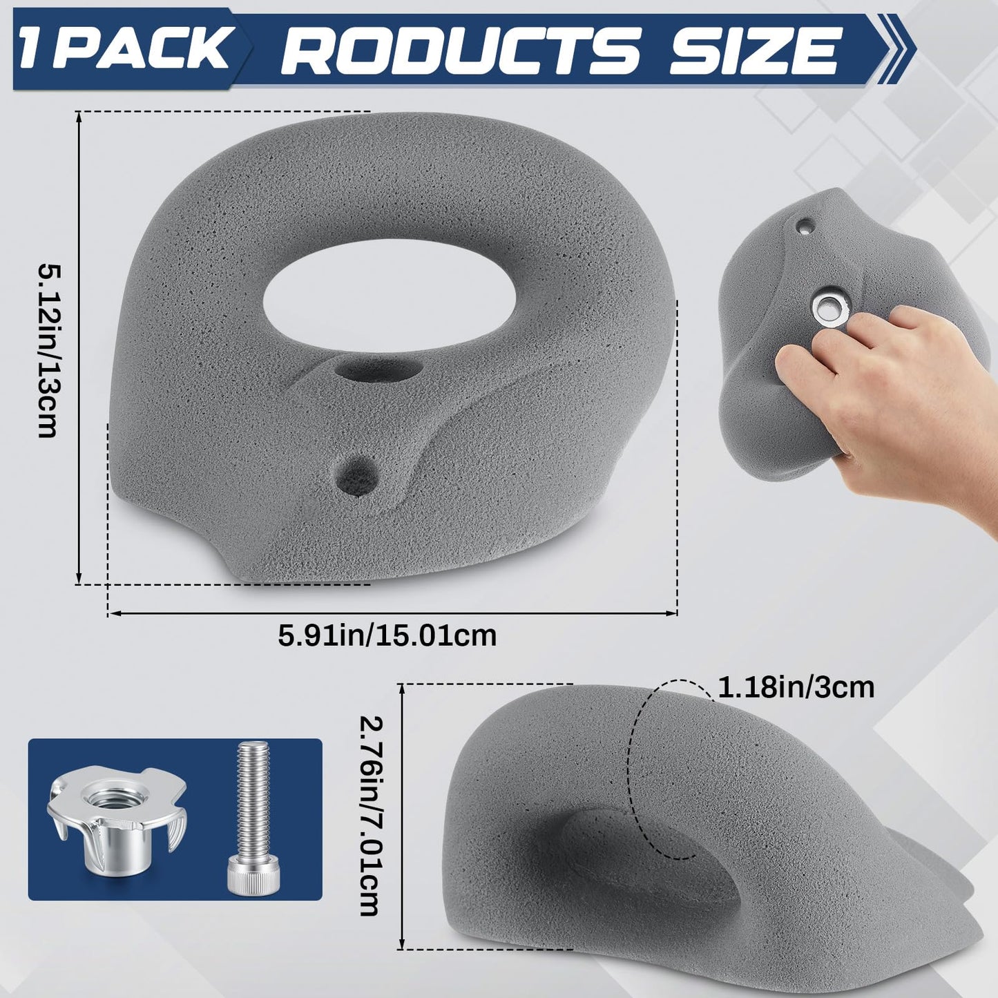 Lewtemi Large Rock Wall Climbing Holds Climbing Wall Grips with Screw-On Ring Jug and Mounting Hardware for Beginner Rock Climbers Indoor & Outdoor Training Grip(1 Pcs)