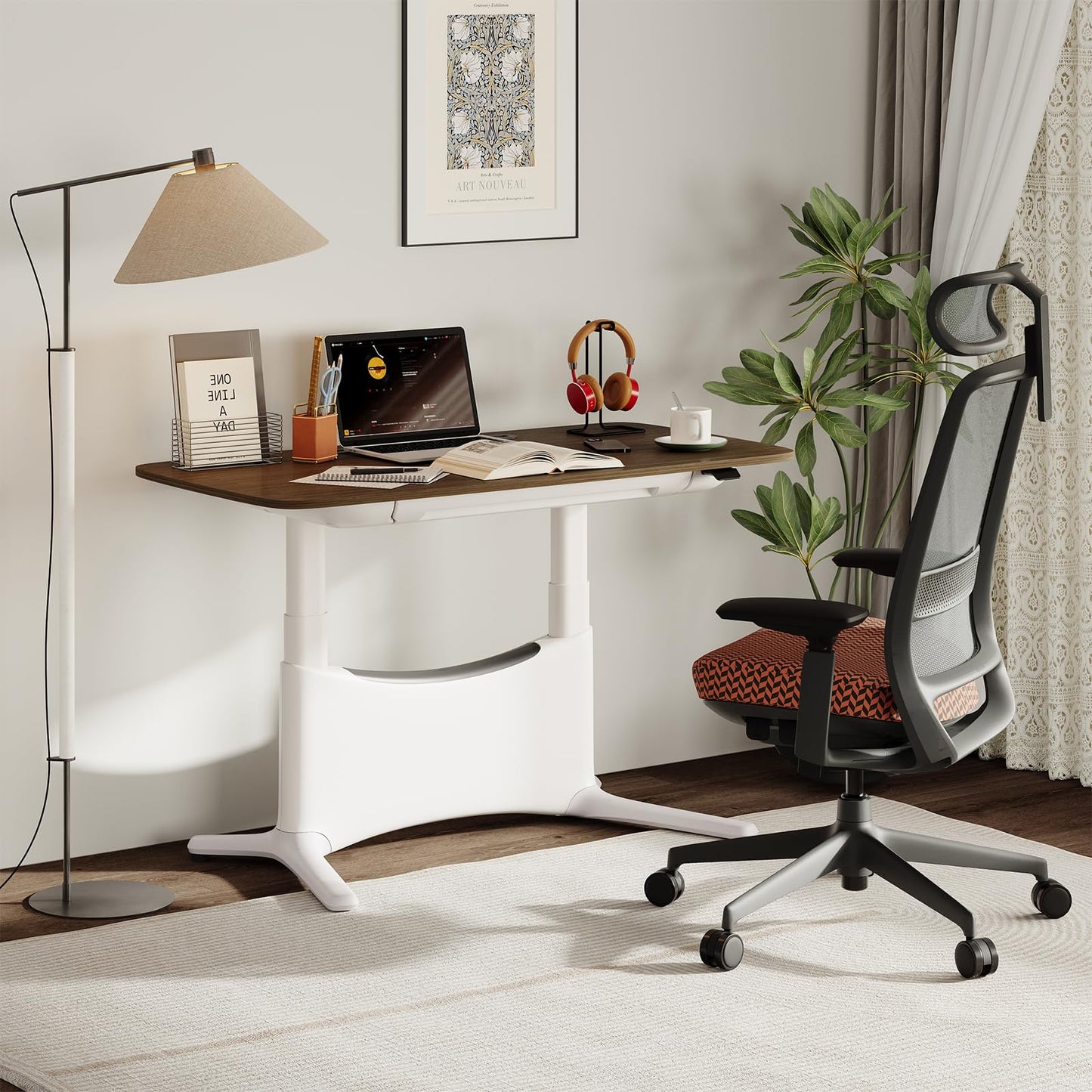 COLAMY Electric Adjustable Standing Desk – 48 x 28 Inch Sit Stand Desk with Drawer & Cable Management, Dual Motor Lift System, Ergonomic Footrest, Home Office Table (MFC Desktop, Walnut + White)