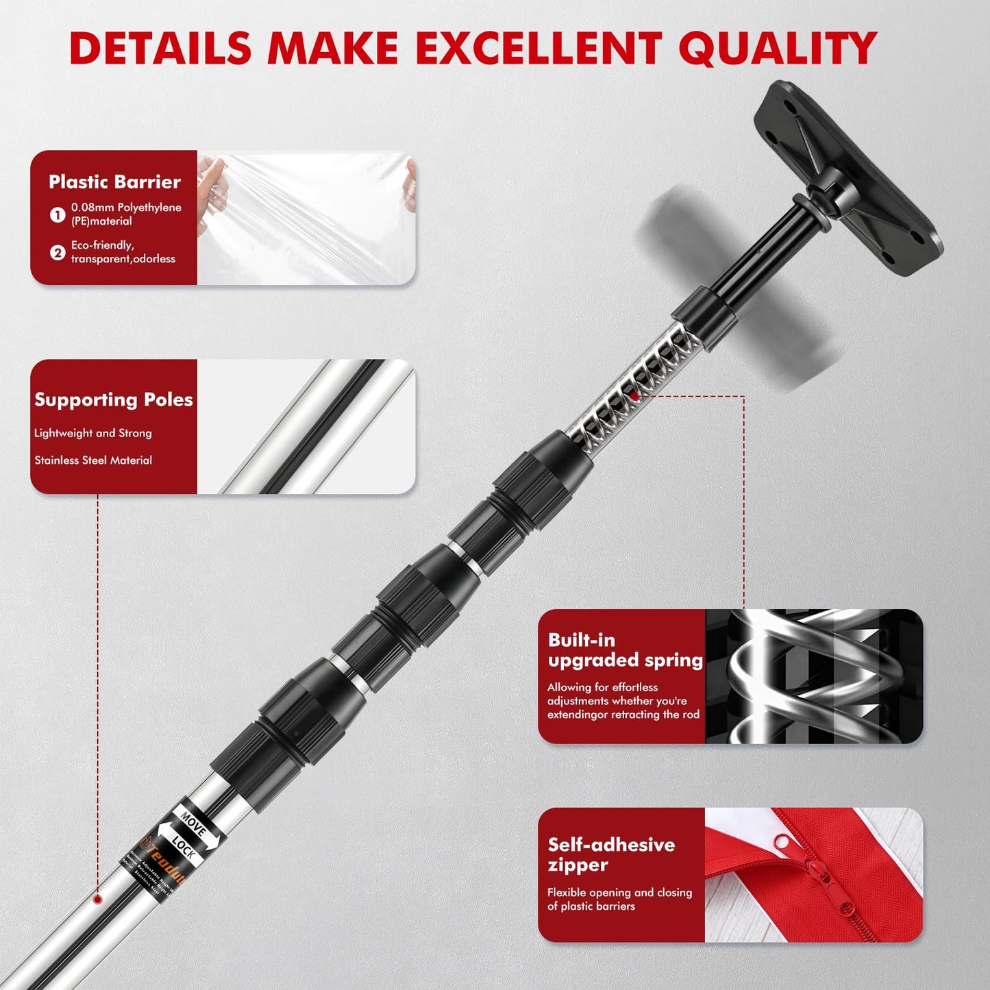 Teodute 10FT Dust Barrier Poles, 4 Pack Spring Retractable Zipper Wall Poles for Dust Barrier System with 2 Heavy-Duty Zippers & Plastic Film, for Interior Decoration, Remodeling & Isolation Work