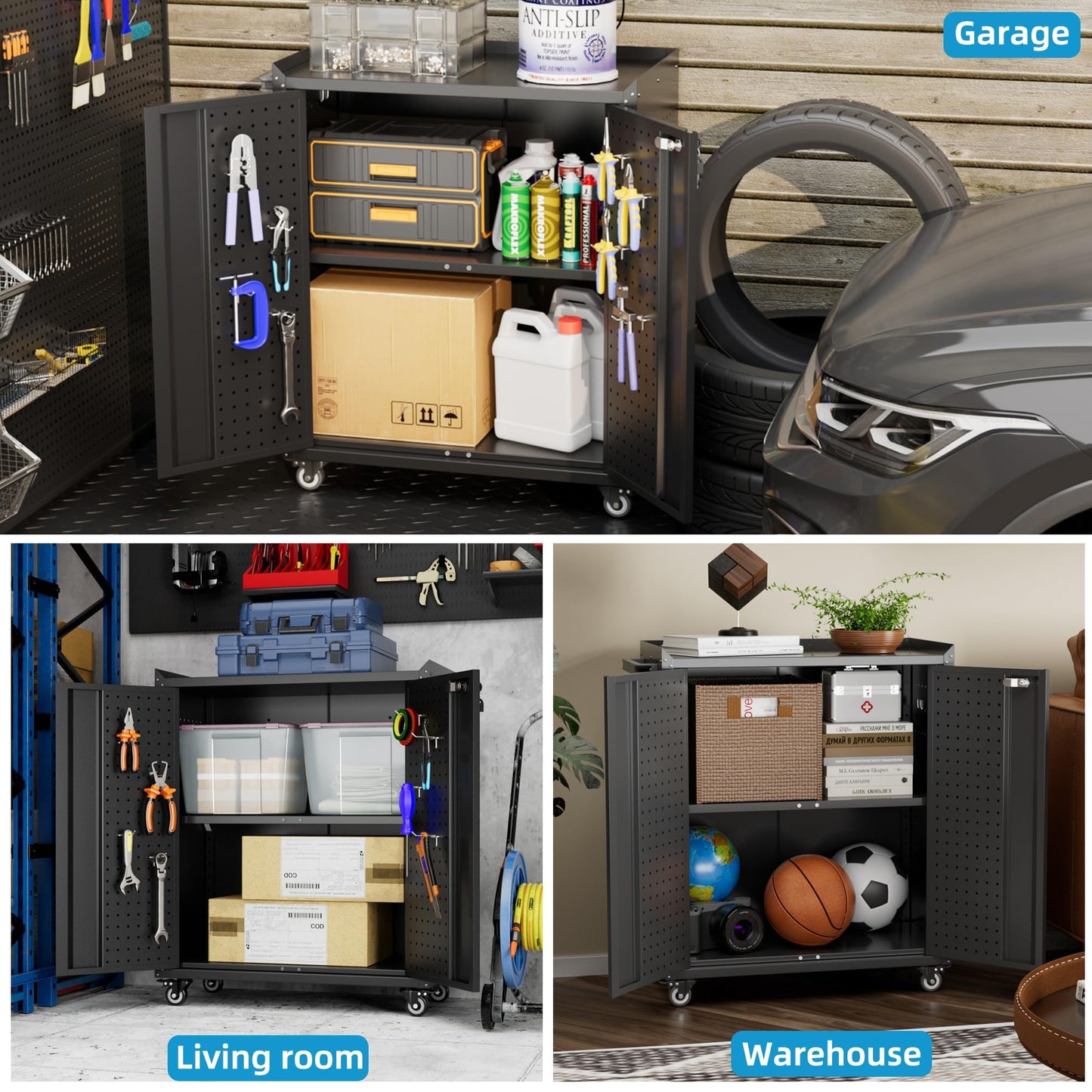 Aobabo 31.5" H Garage Storage Cabinet with Wheels,Lockable Metal Storage Cabinet with 2 Doors for Garage Home Office Storage,Black,Assembly Required