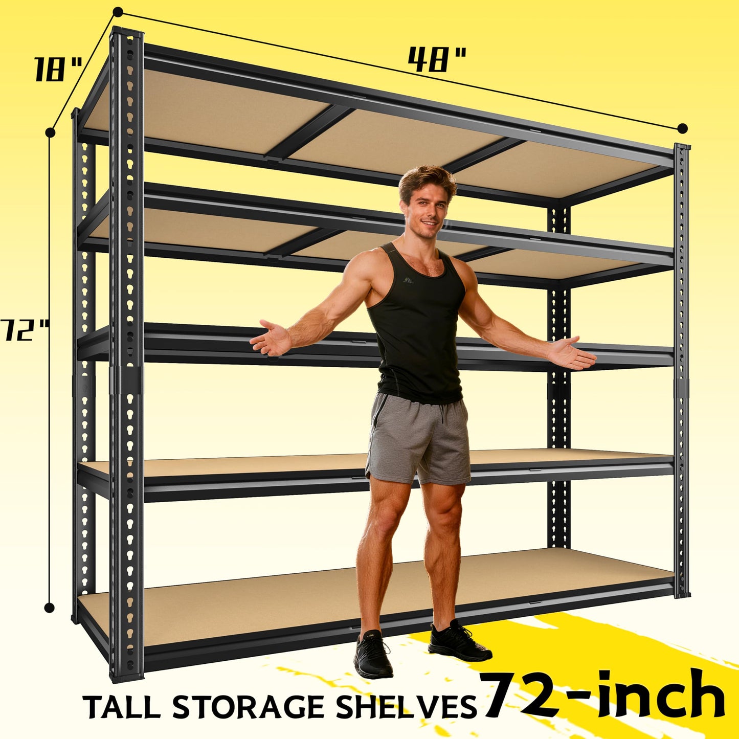 48" W Garage Shelving Heavy Duty 2800LBS Garage Storage Shelves, 5 Tier Adjustable Metal Shelving Unit Utility Rack Shelf for Warehouse, Pantry, Closet, Kitchen Industrial72" H x 48" W x 18" D, Black