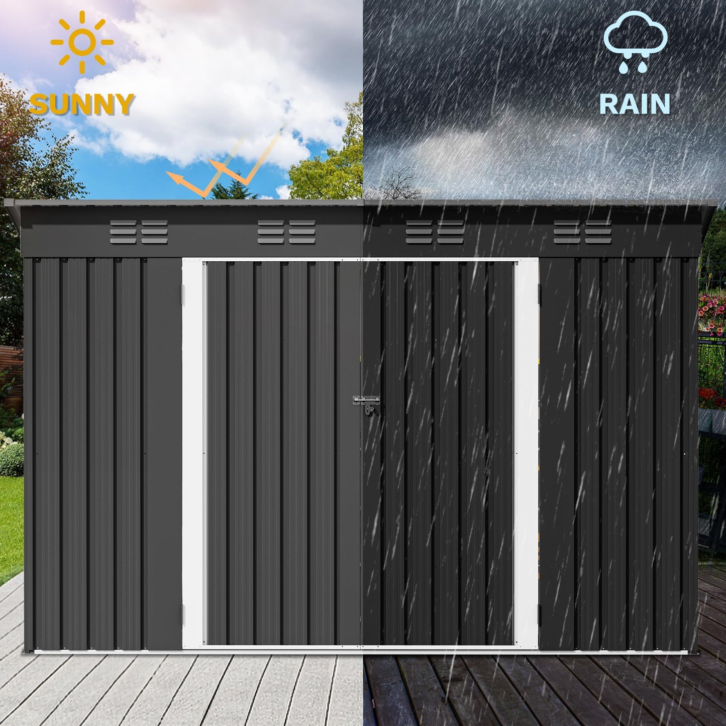 DWVO 8.5x3.5ft Large Tool Storage Shed with Window, Lockable Doors, and Sloped Roof, Oversized Steel Outdoor Storage Shed for Garden, Patio, Garage, Backyard, Lawn - Dark Gray