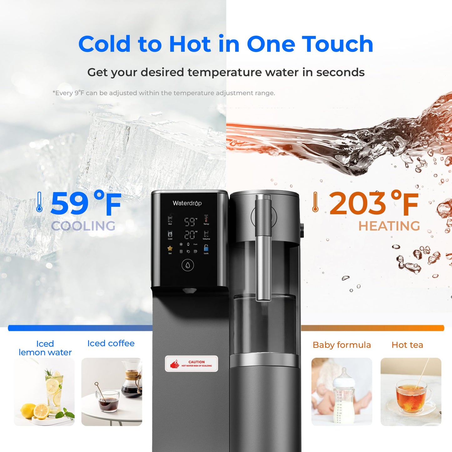 Waterdrop A2 Countertop Reverse Osmosis System, Hot and Cold RO System, Portable Pure Water Tank, Bottleless Water Cooler, 6 Temperature Settings, Hot Cold Room Water, 3:1 Pure to Drain