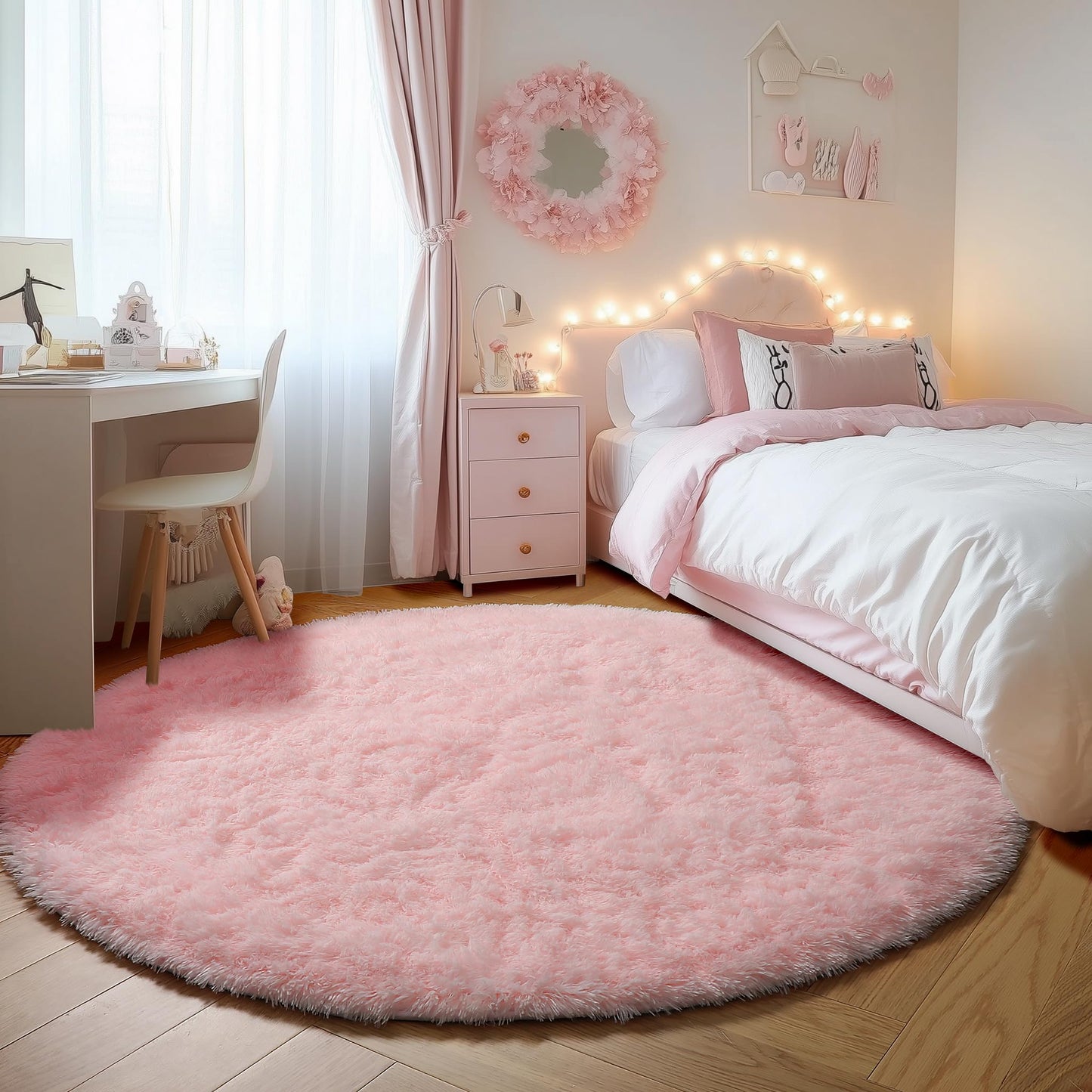 ONASAR Light Pink Fluffy Round Rugs 4ft for Girls Bedroom, Circle Area Rug for Kids Teen, Soft Plush Shaggy Circular Carpet for Nursery Dorm Classroom Playroom Living Room Home Decor Aesthetic
