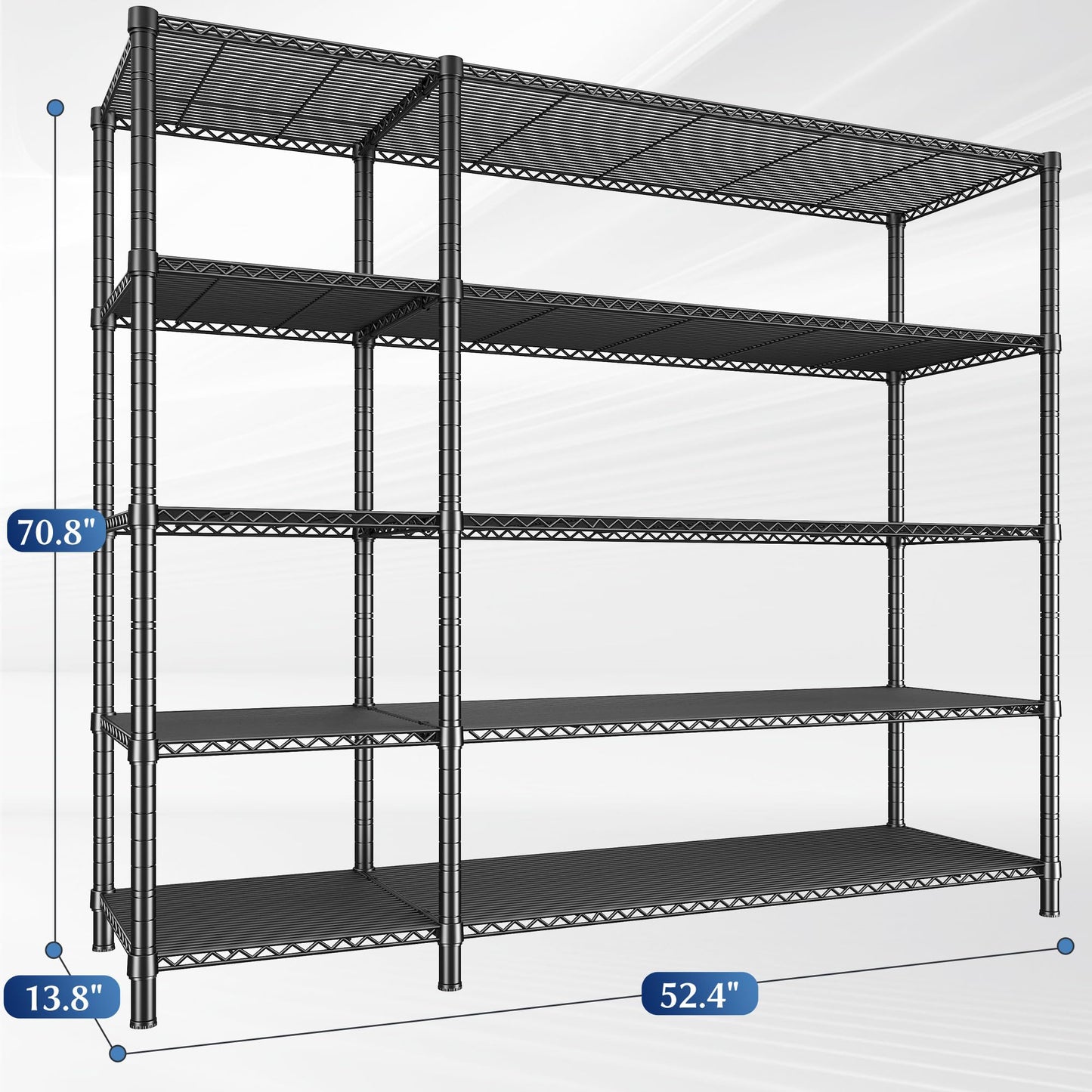 70.8"H Storage Shelves, 5-Tier Metal Shelving 1200 High-Load Heavy Duty Wire Shelving, Adjustable Metal Shelves-L Shaped Wire Shelving Units for Kitchen Garage Pantry Basement, 52.36"W x13.78"Dx70.8"H