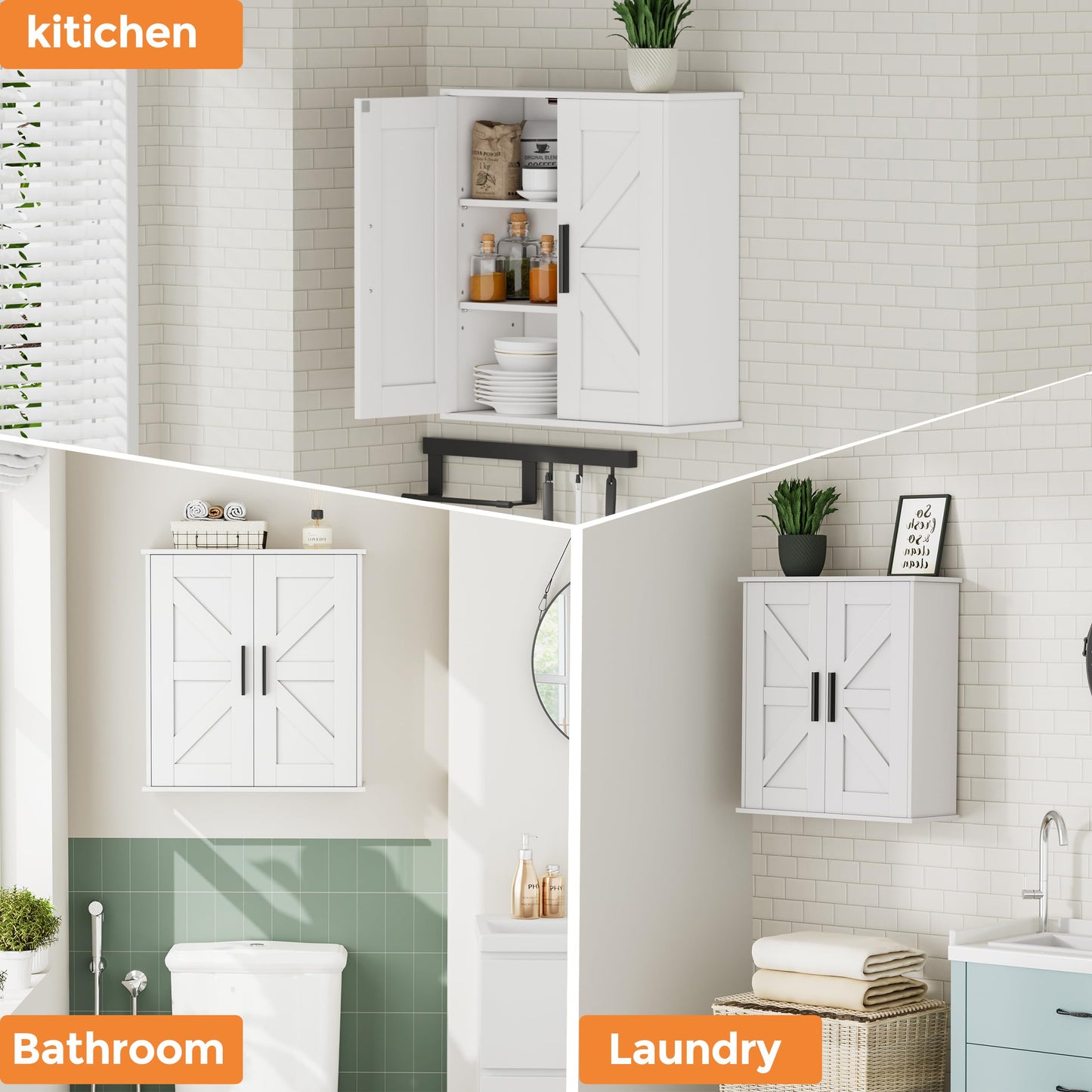 Homleke Bathroom Wall Cabinet, Over Toilet Storage Cabinet with Barn Doors and Adjustable Shelves, 3-Tier Medicine Cabinet Wall Mounted, for Bathroom, Kitchen, Entryway, Laundry Room, White, (7.9" D)