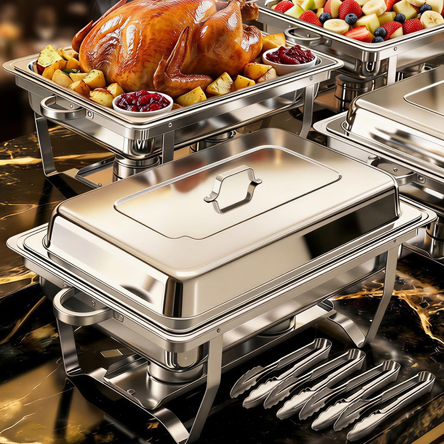 POWERFUEL Chafing Dishes for Buffet, 4 Pack 9QT Rectangular Stainless Steel Chafing Dishes Set with with 4 Serving Tongs, Serving Tray, Water Pan, Stand, Fuel Holder for Party, Gathering, Wedding