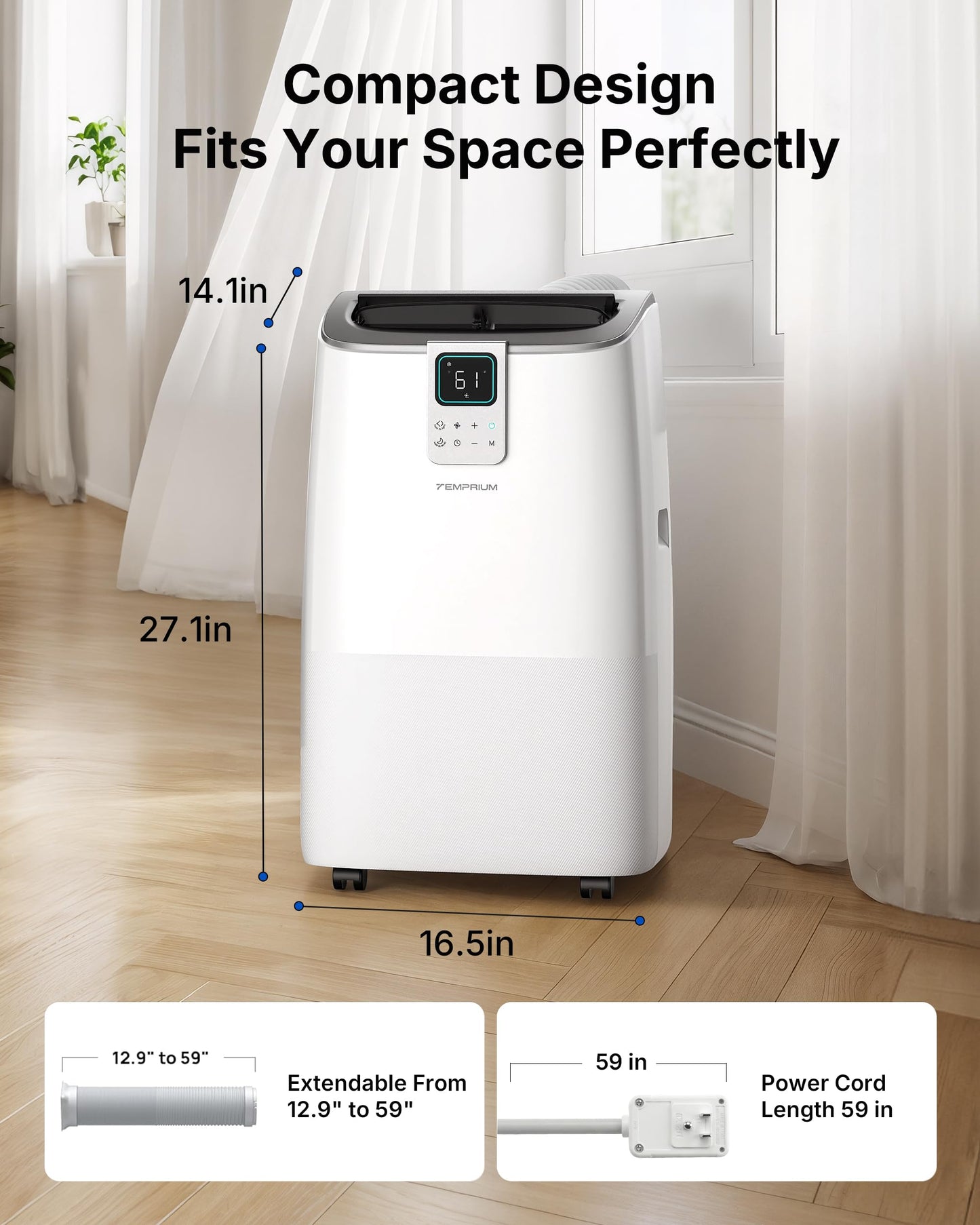 Temprium 14,000 BTU Smart Portable Air Conditioner for Large Rooms up to 750 Sq.ft, 41dB Quiet Efficient AC Unit with App & Voice Control, 4-in-1 Cooling, Dehumidifier, Fan, No-Drain Self-Evaporating