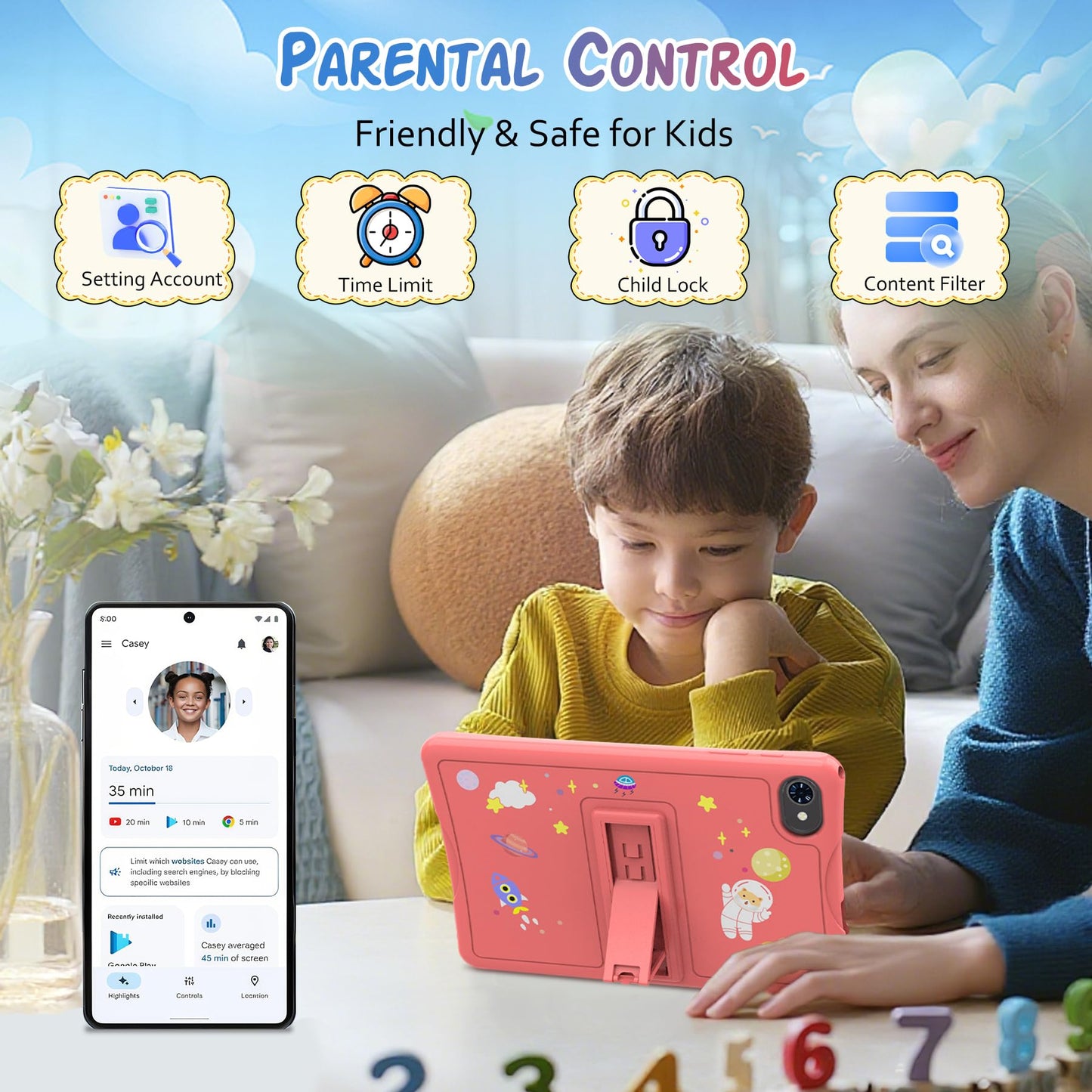 2026 Upgraded TABWEE Kids Tablet 10 Inch, Latest Android 15 Tablet for Kids Ages 6-12, 12GB RAM 64GB ROM (Expandable 2TB), HD Eye-Care Display, Parental Control, WiFi, Kid-Proof Case & Stylus Included