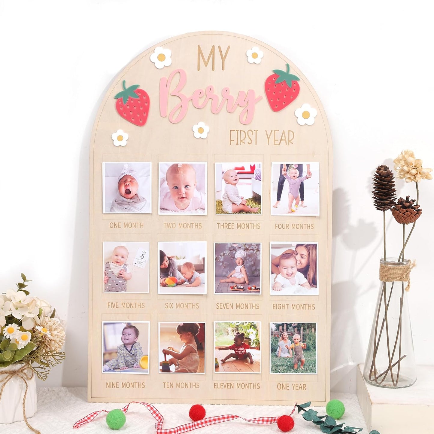 1st 1 12 WAOUH Berry First Year Photo Wood Board - Strawberry Birthday Decorations,Strawberry to Months Photo