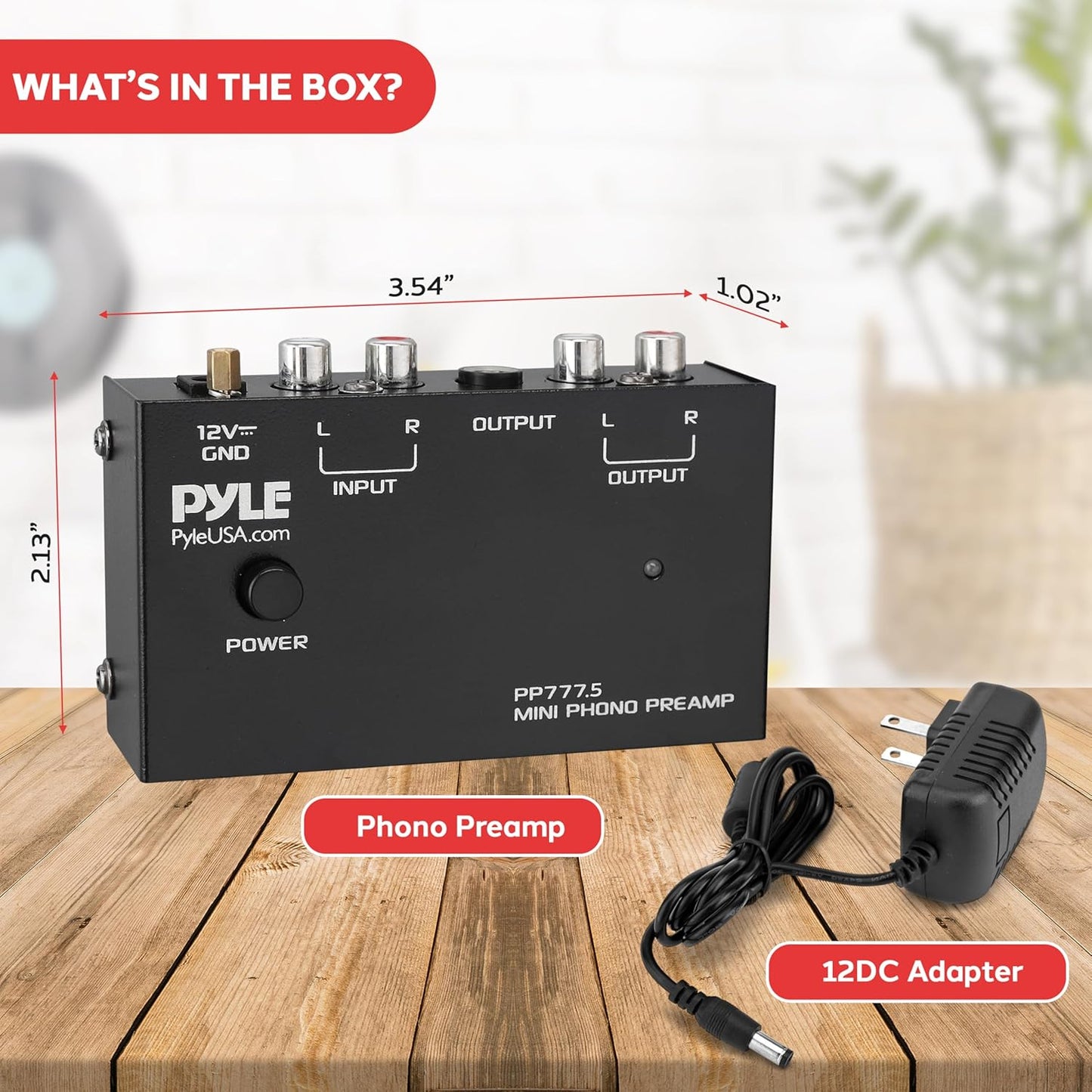 12V Pyle Phono Turntable Preamp - Mini Audio Stereo Phonograph Preamplifier with RCA Inputs & Outputs, Low Noise