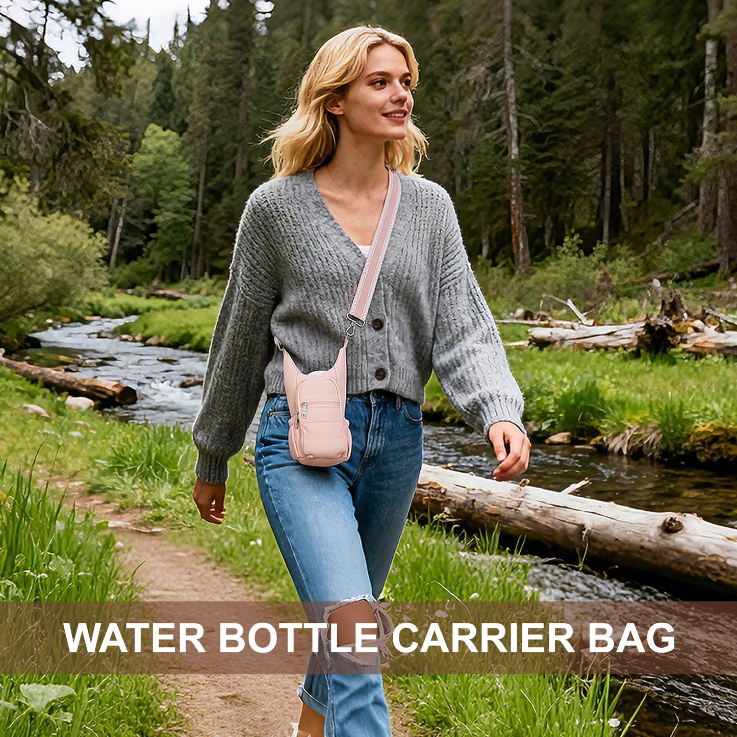 CAPASTEC Water Bottle Carrier Bag, Water Bottle Holder with Adjustable Strap, for Hiking, Cycling, Pink