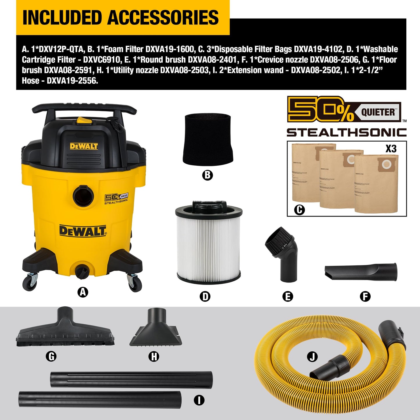 DEWALT 12 Gallon STEALTHSONIC Ultra Quiet Poly Wet Dry Vacuum, DXV12P-QTA Powerful Suction Noise Reduction Vac, 5.5 Peak HP Shop Vacuum for Jobsite/Workshop, Reduce Motor Noise, Yellow